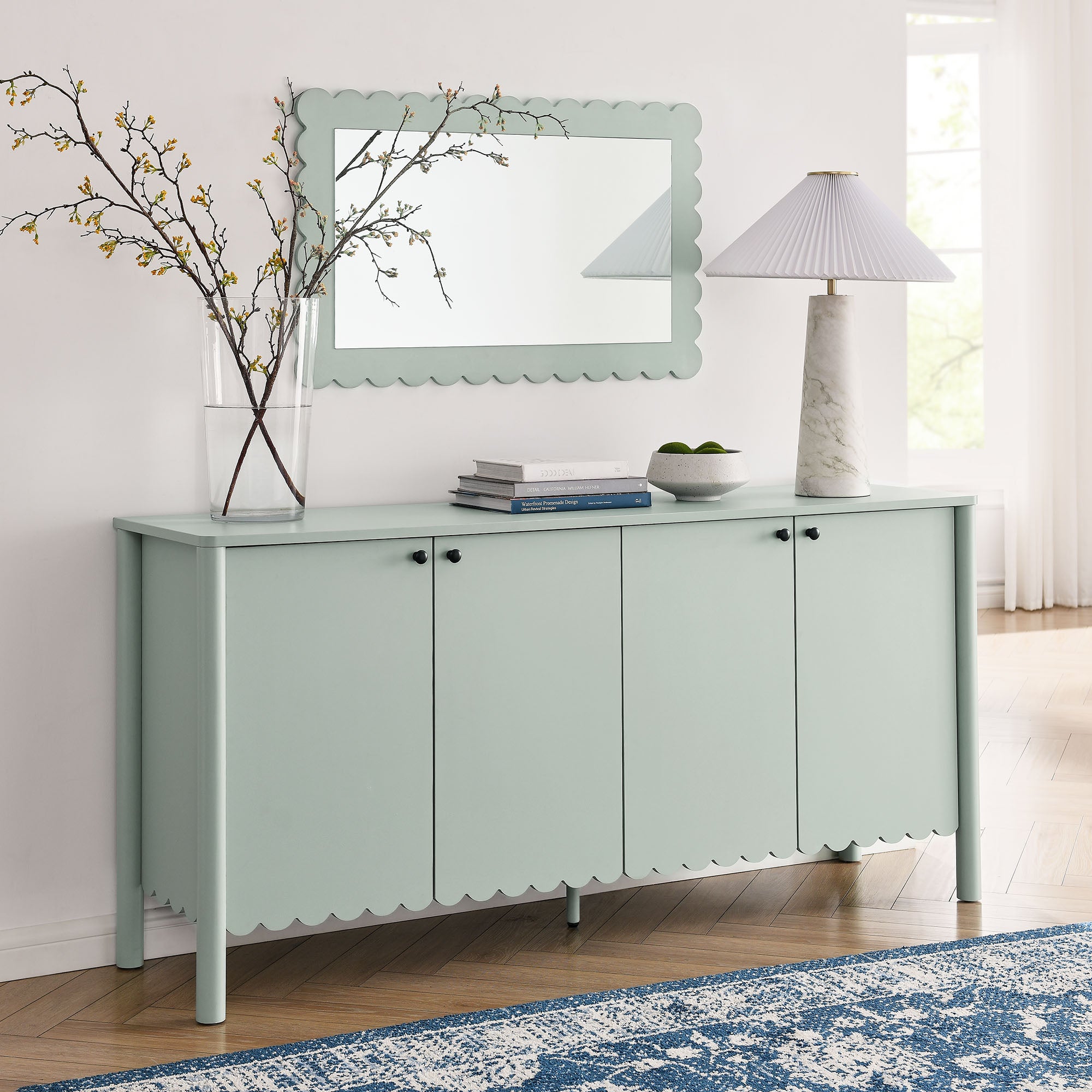 Emmeline 66" 4-Door Scalloped Sideboard Cabinet, Sage