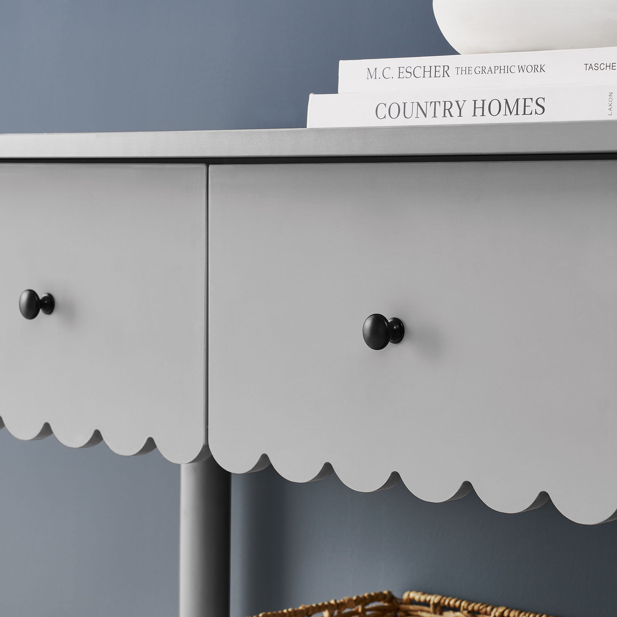 Emmeline 3-Drawer Scalloped Console Table, Light Gray