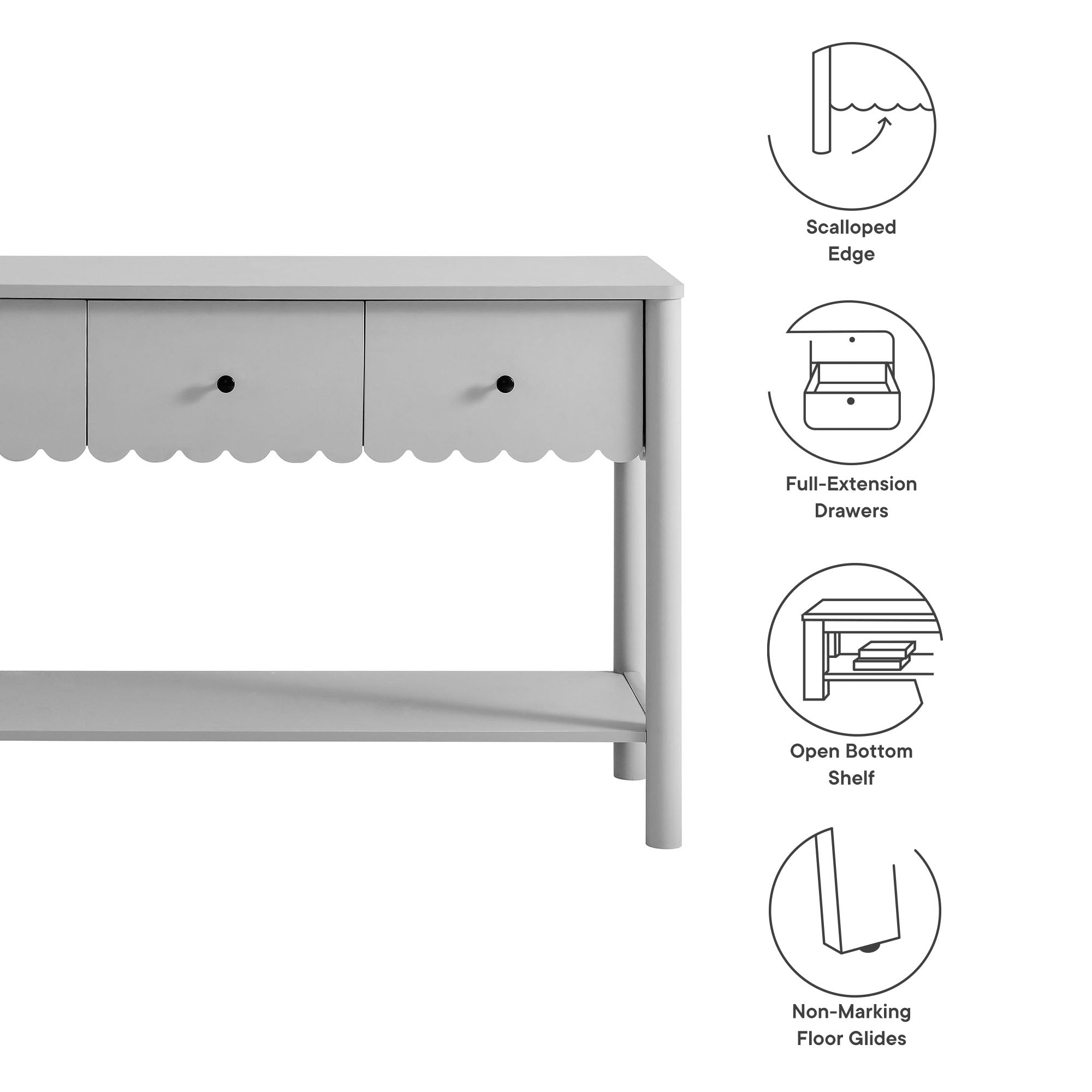 Emmeline 3-Drawer Scalloped Console Table, Light Gray