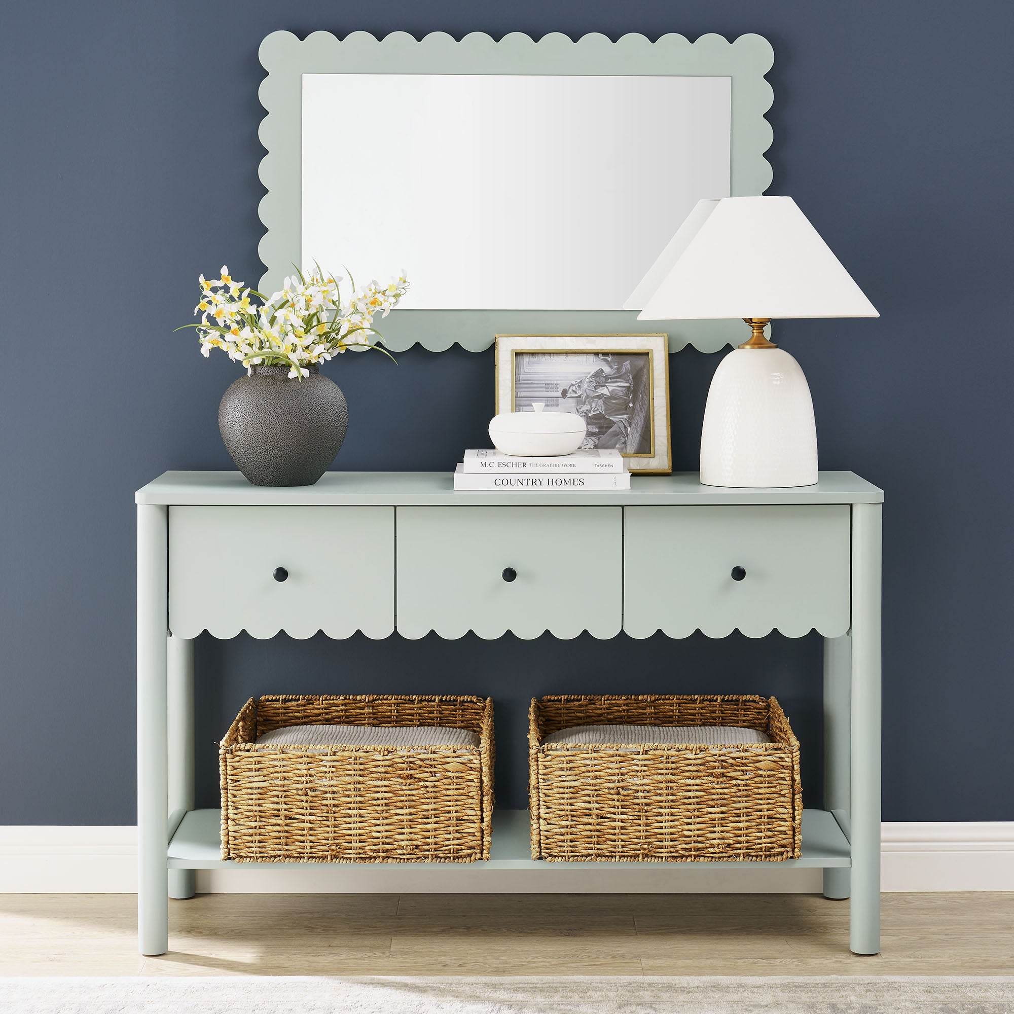 Emmeline 3-Drawer Scalloped Console Table, Sage