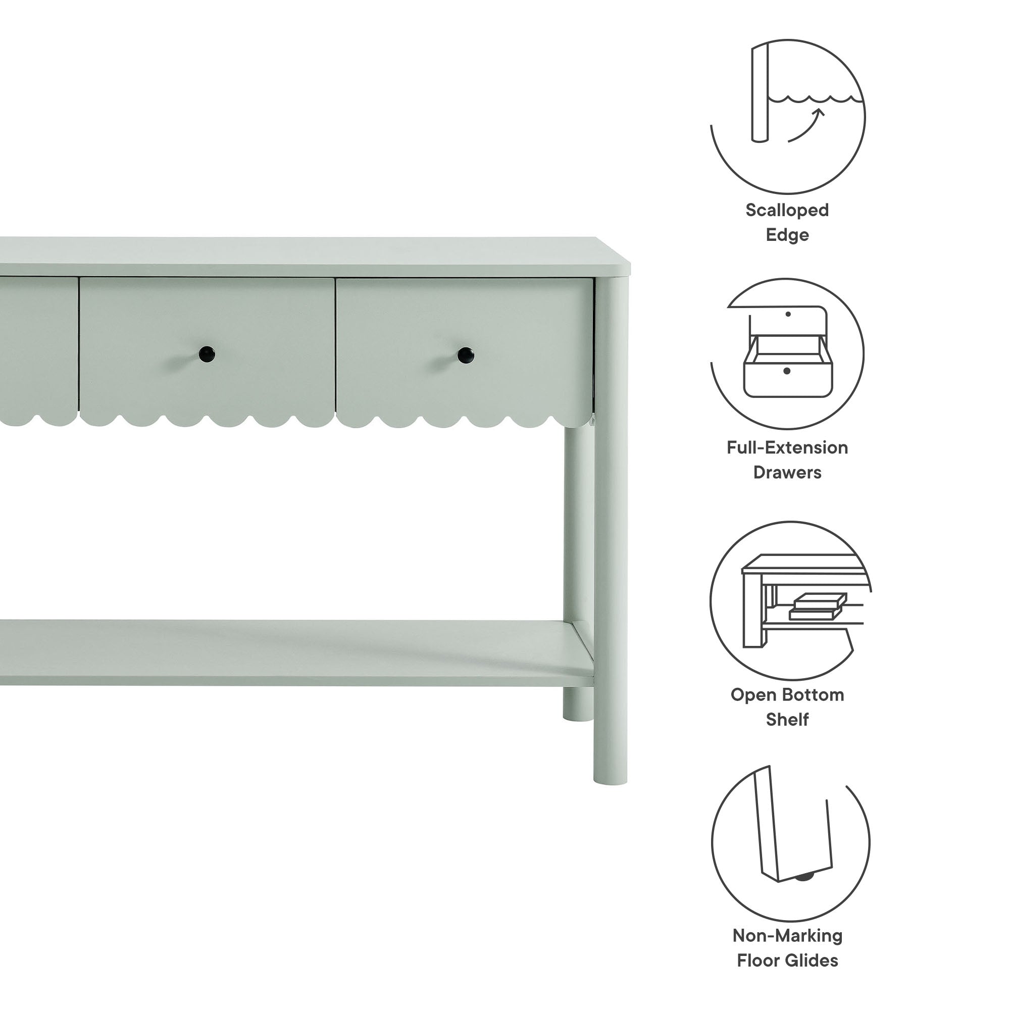 Emmeline 3-Drawer Scalloped Console Table, Sage