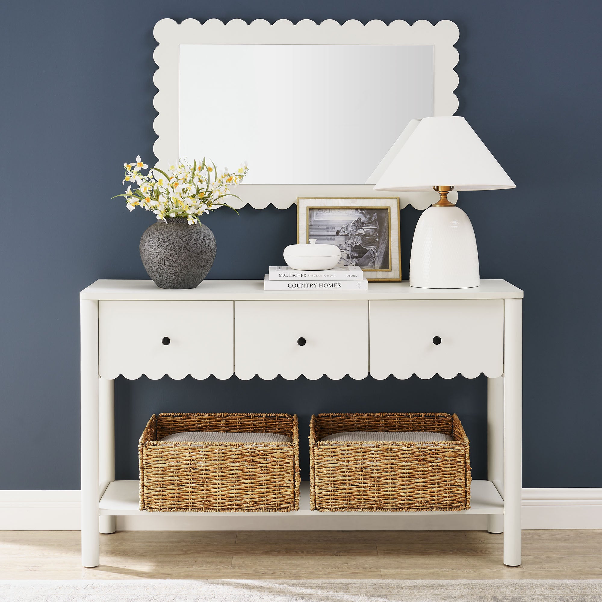 Emmeline 3-Drawer Scalloped Console Table, White