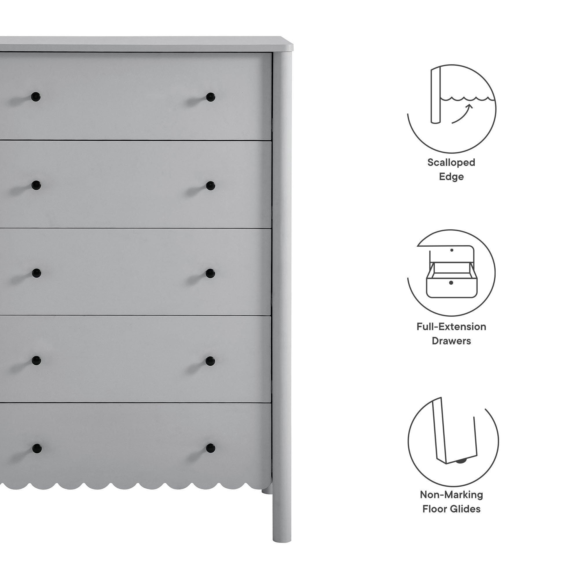 Emmeline Scalloped 5-Drawer Chest, Light Gray