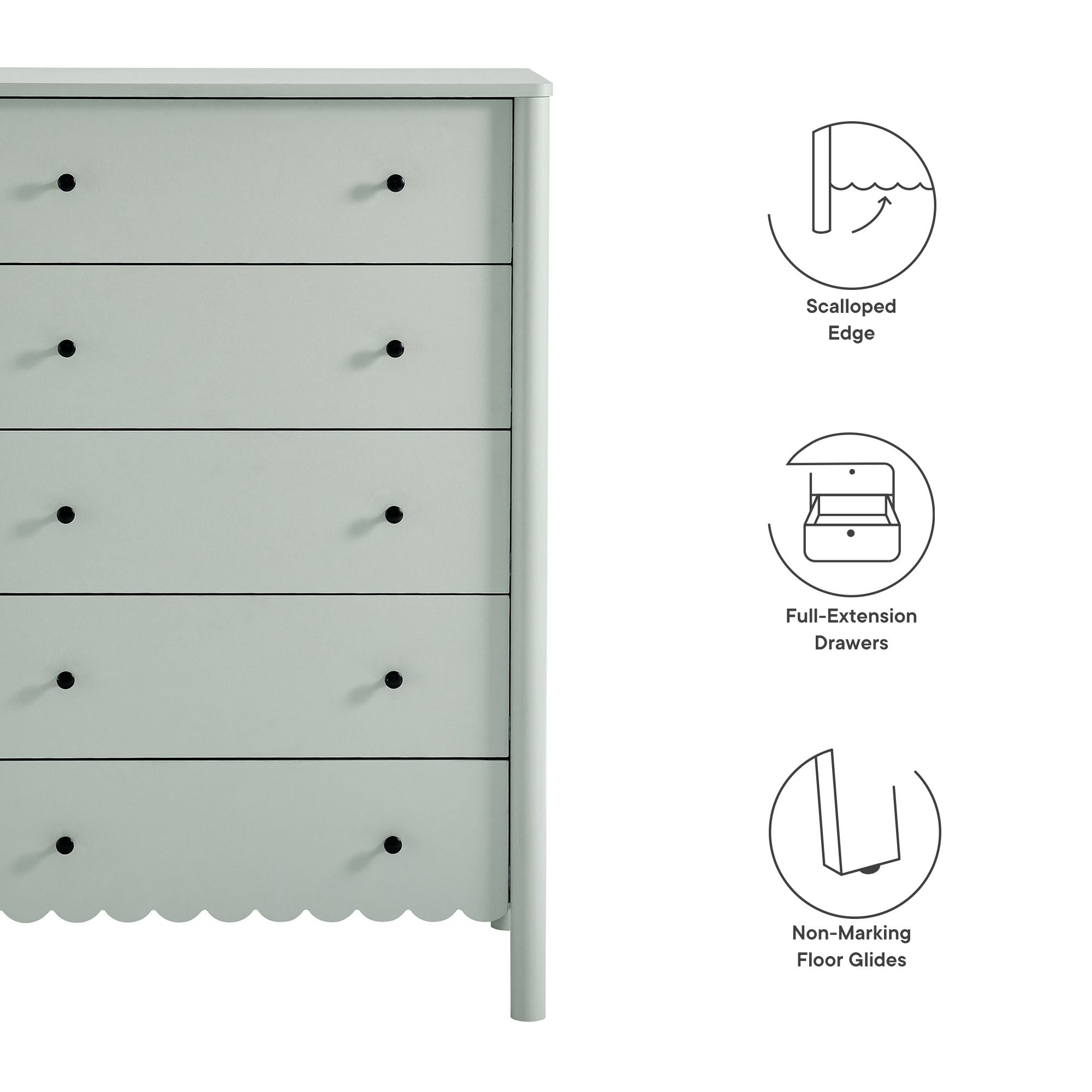 Emmeline Scalloped 5-Drawer Chest, Sage