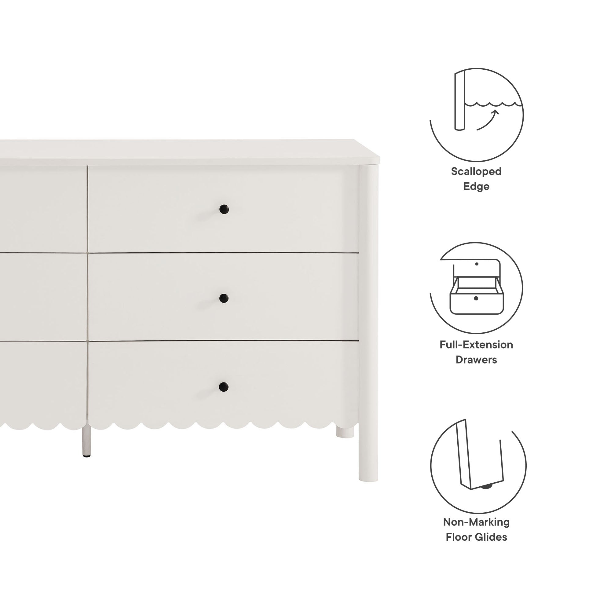 Emmeline Scalloped 6-Drawer Dresser, White