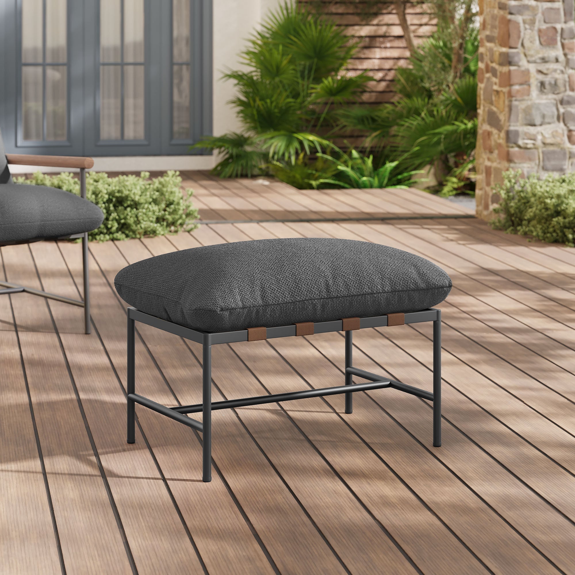 Raya Outdoor Patio Boucle Ottoman, Charcoal