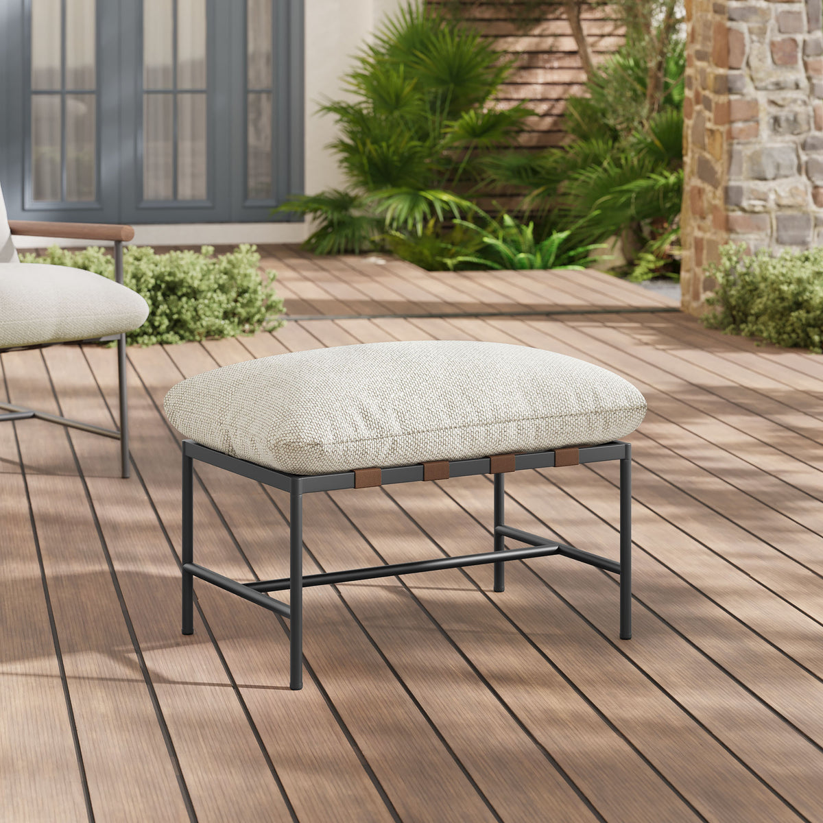 Raya Outdoor Patio Boucle Ottoman, Ivory