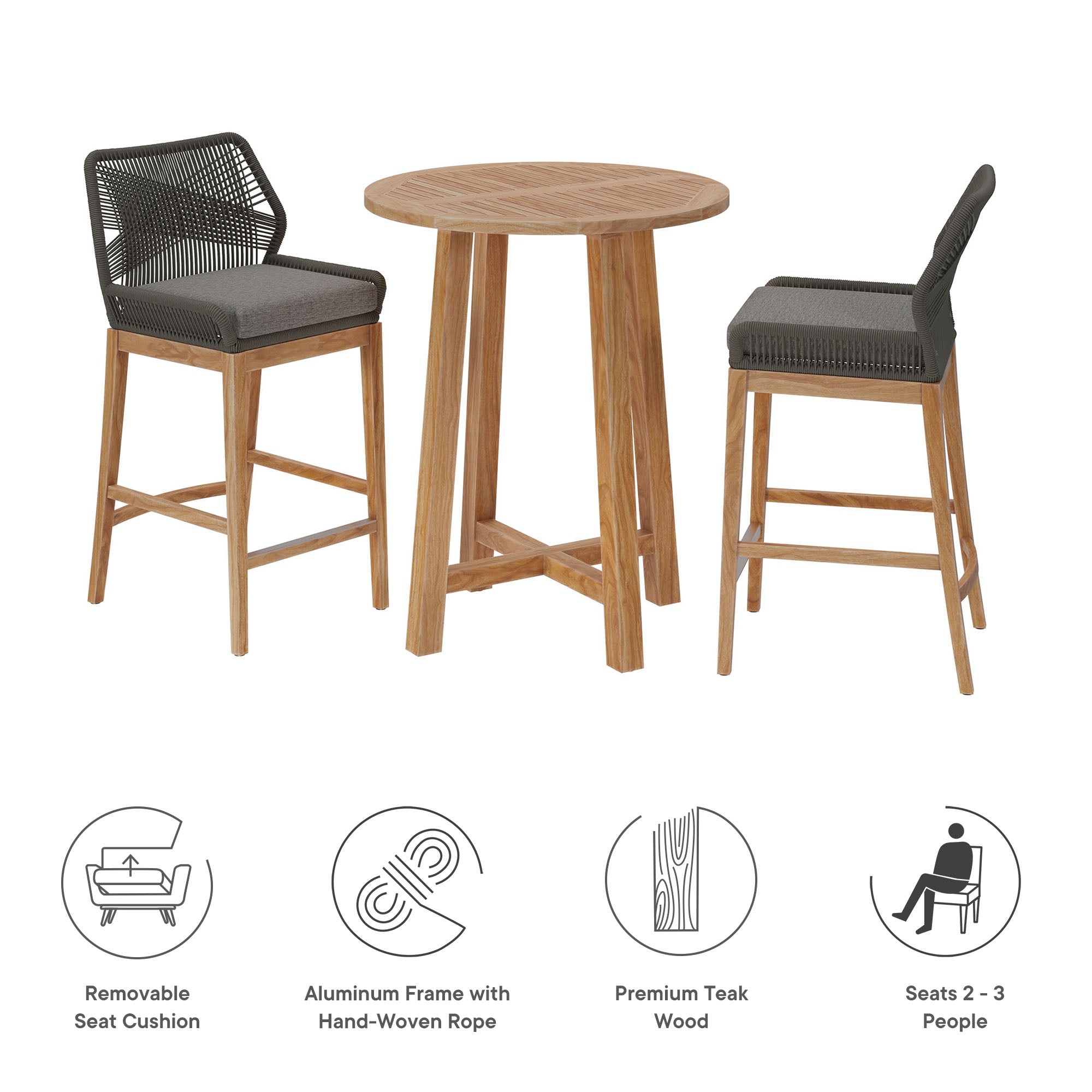 Wellspring 3-Piece Outdoor Patio Teak Wood Bar Set, Gray Graphite