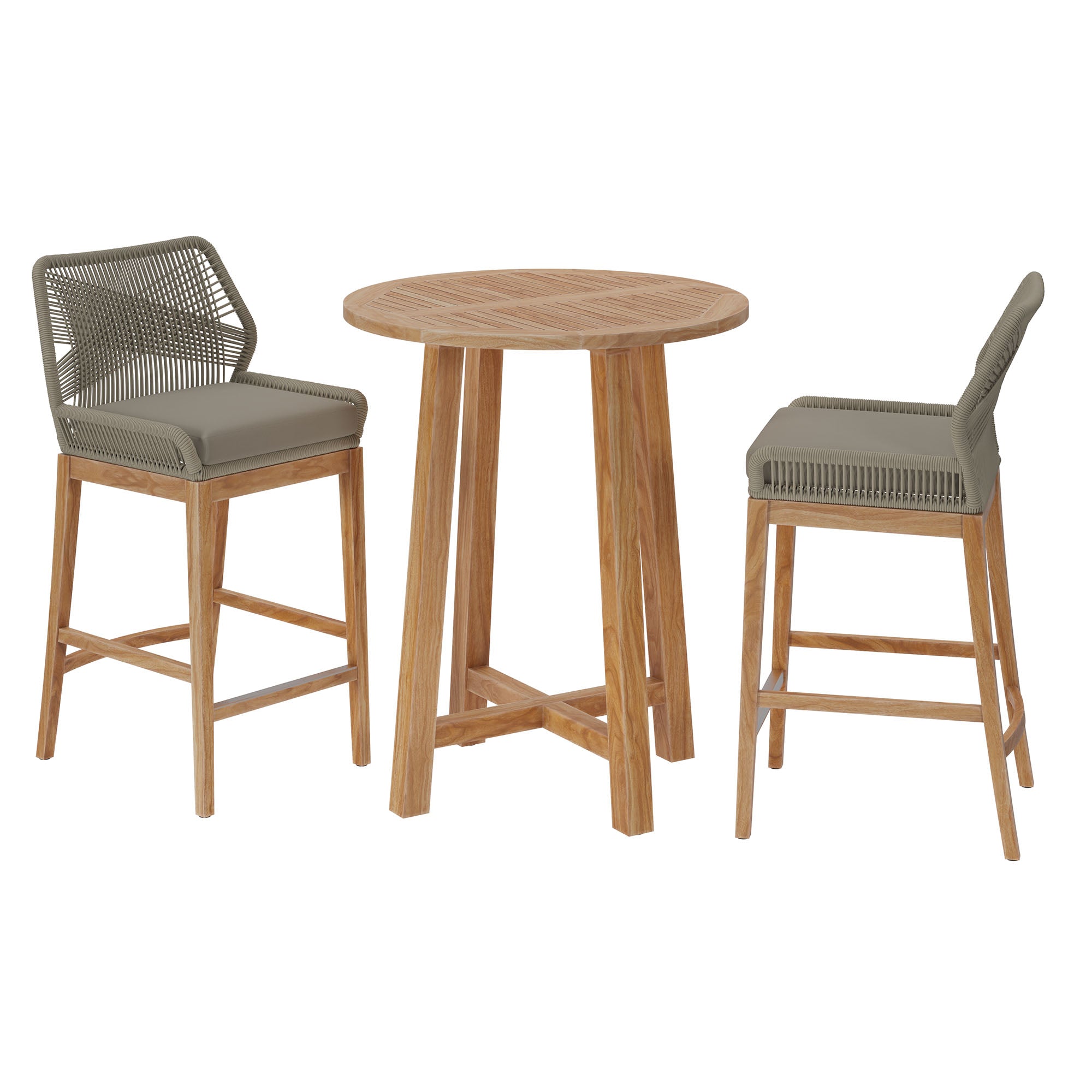 Wellspring 3-Piece Outdoor Patio Teak Wood Bar Set, Light Gray Greige