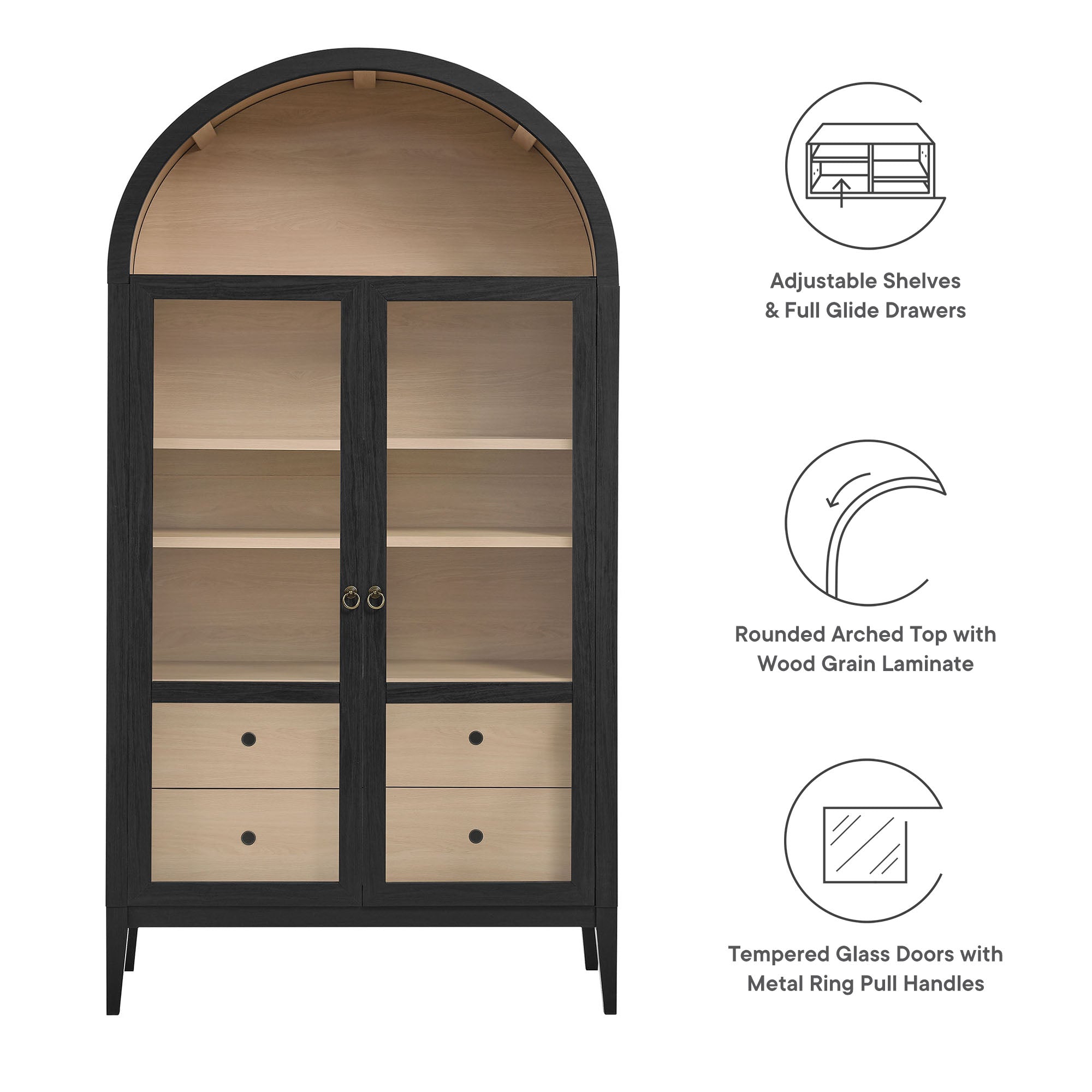 Nolan 74" Tall Wide Arched Storage Display Cabinet, Black Oak