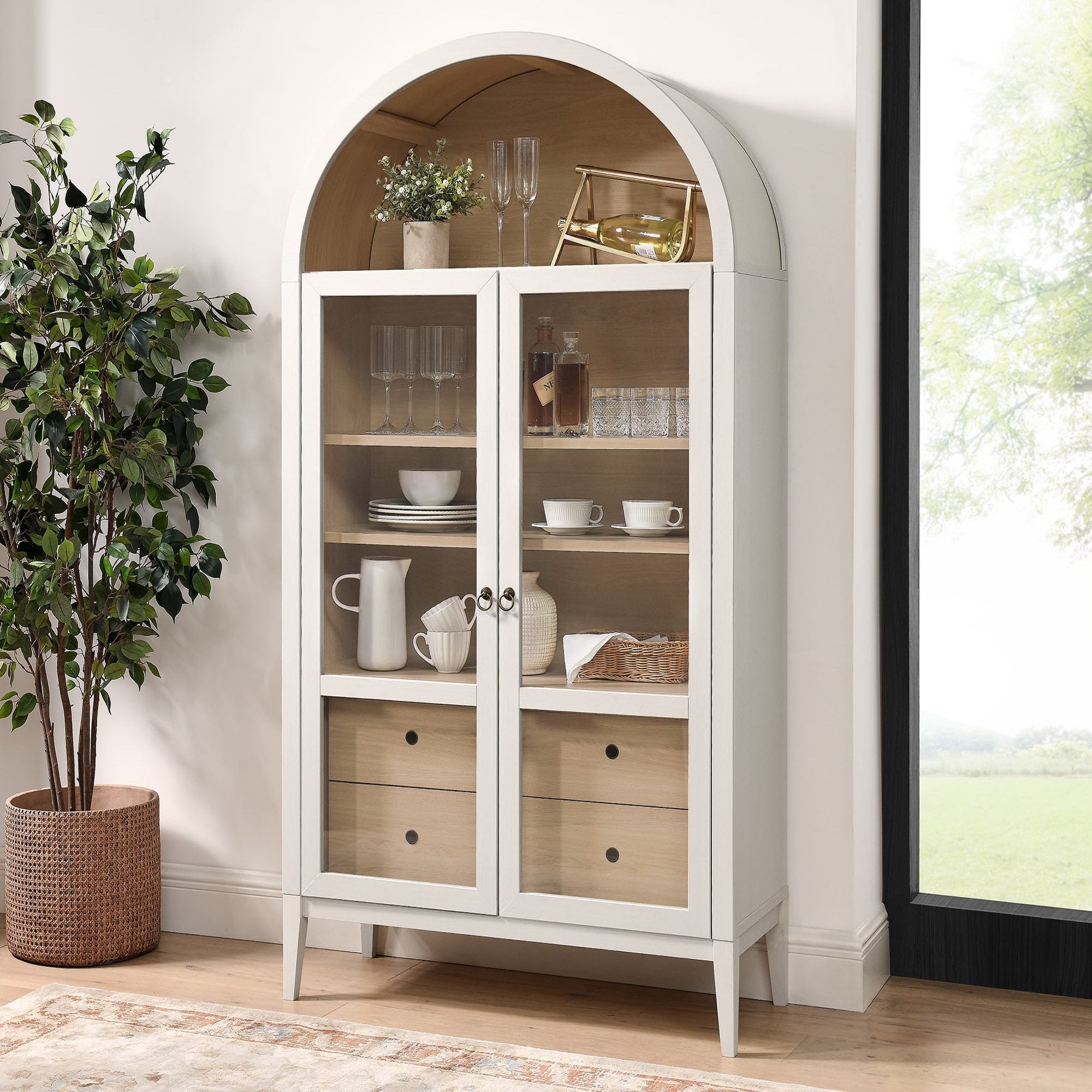 Nolan 74" Tall Wide Arched Storage Display Cabinet, Ivory Oak