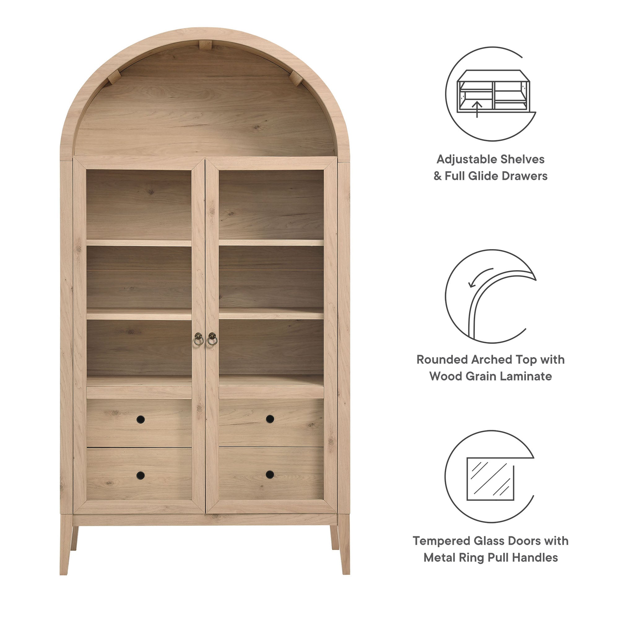 Nolan 74" Tall Wide Arched Storage Display Cabinet, Light Oak