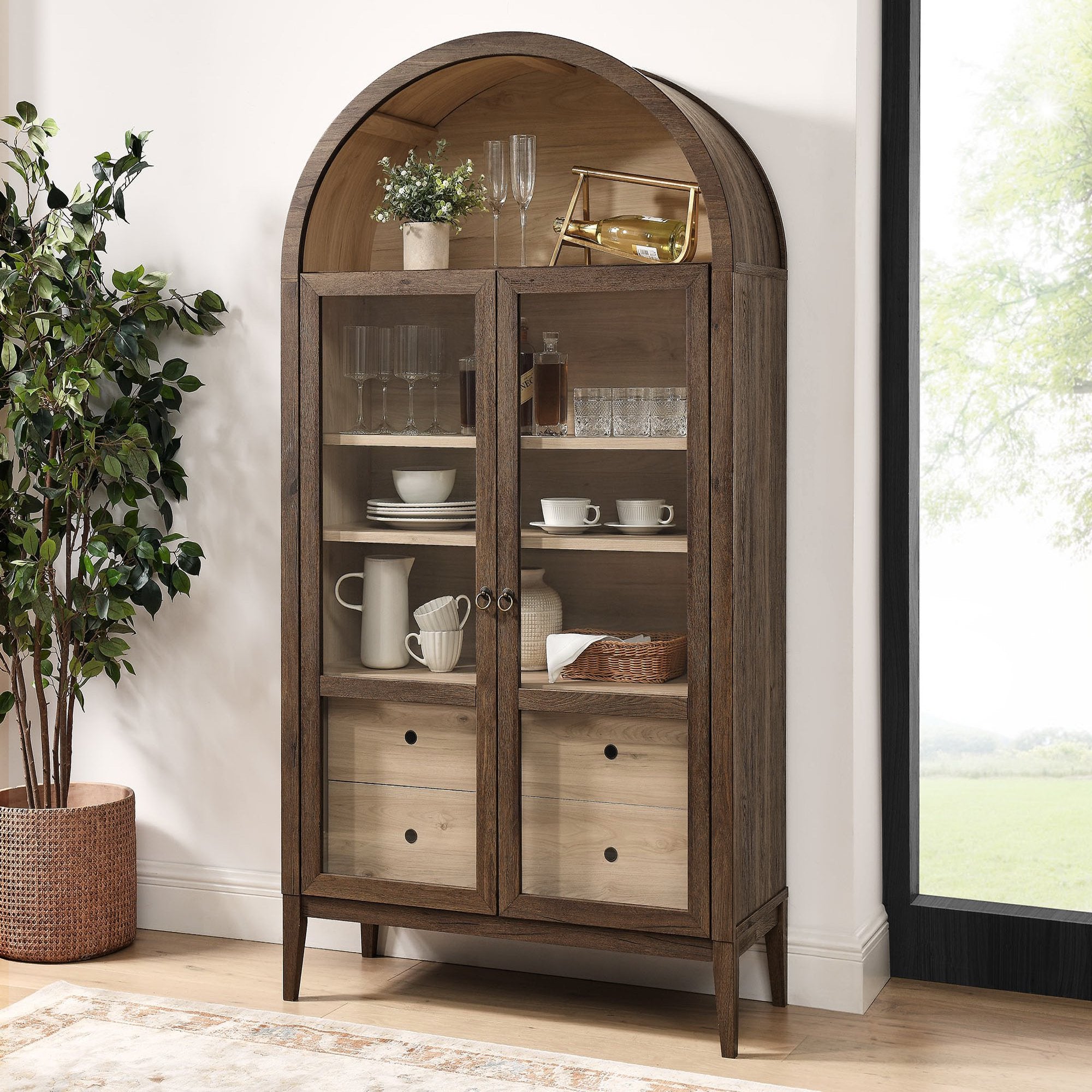 Nolan 74" Tall Wide Arched Storage Display Cabinet, Walnut Light Oak