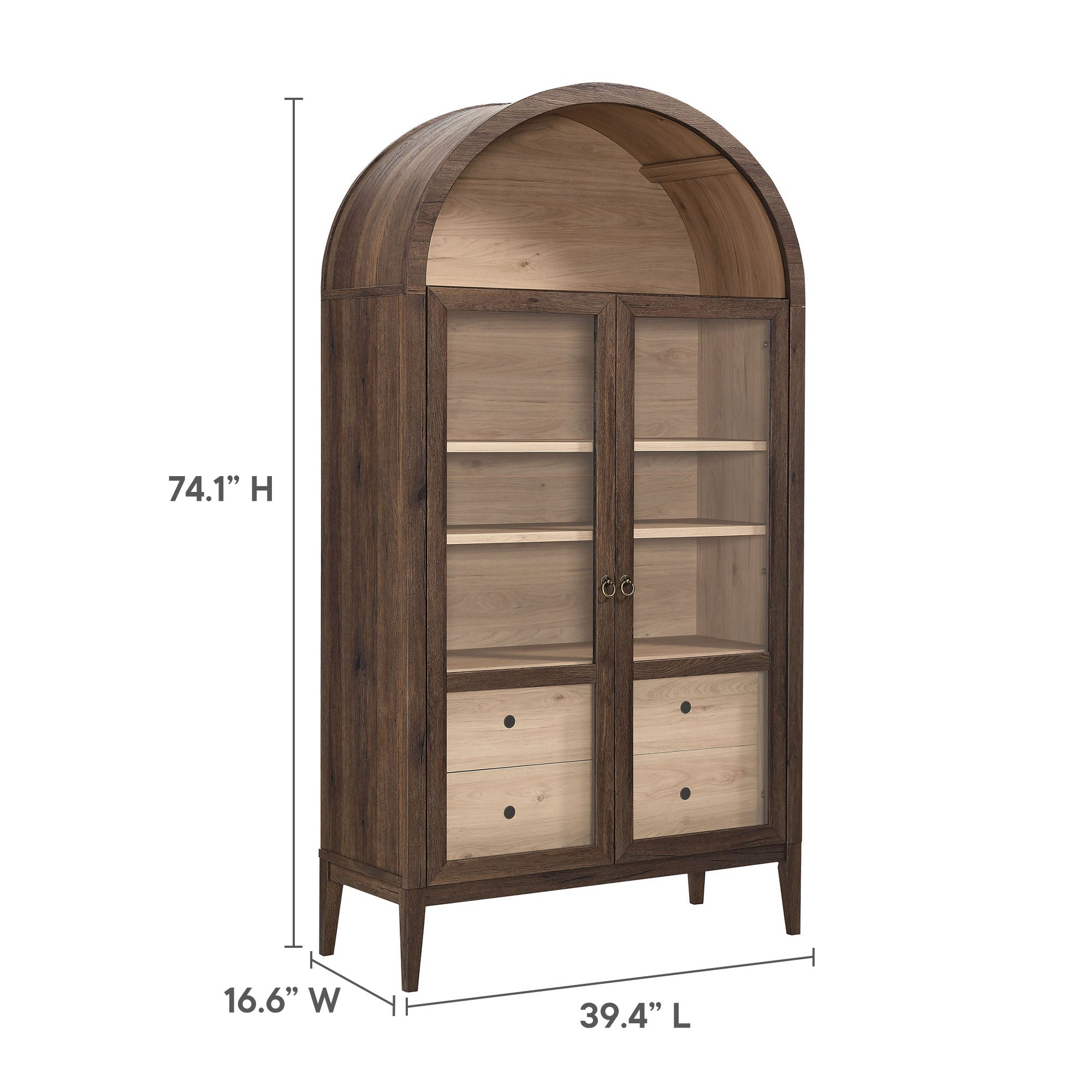Nolan 74" Tall Wide Arched Storage Display Cabinet, Walnut Light Oak