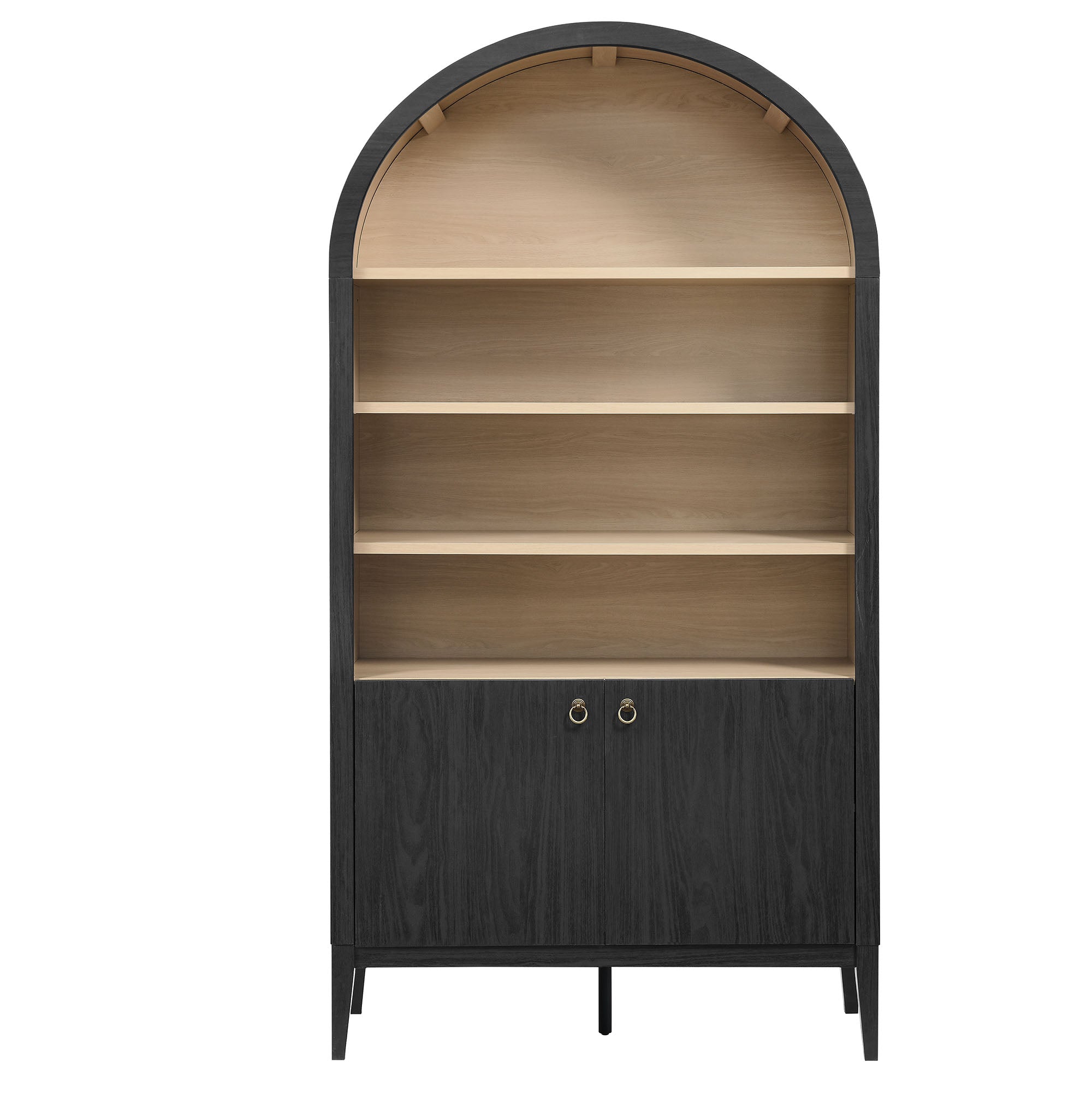 Nolan 74" Tall Wide Arched Storage Display Cabinet Bookshelf, Black Oak