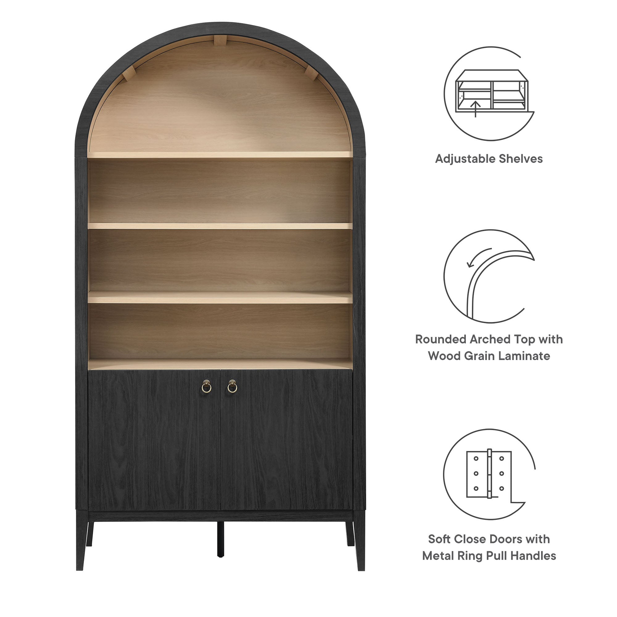 Nolan 74" Tall Wide Arched Storage Display Cabinet Bookshelf, Black Oak
