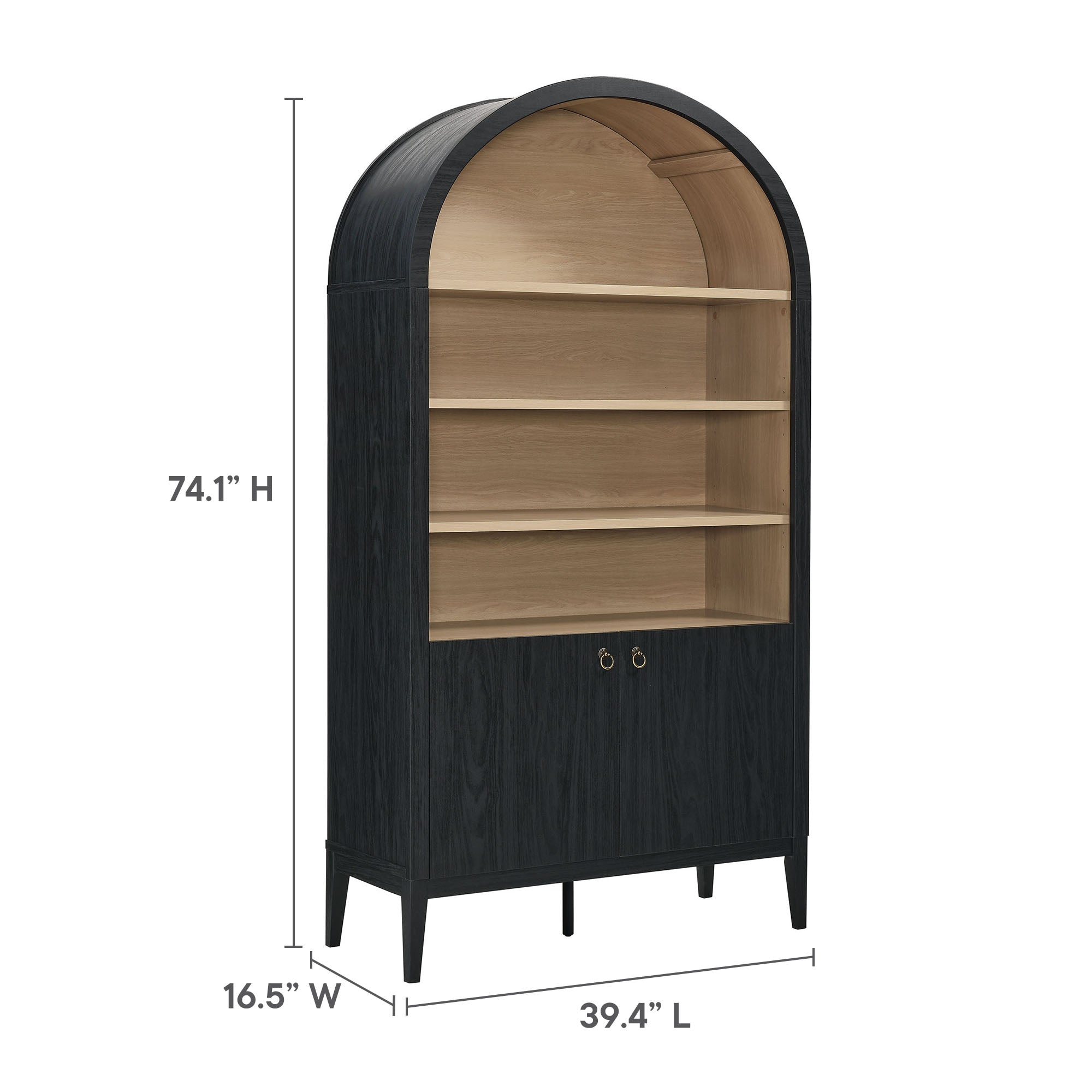 Nolan 74" Tall Wide Arched Storage Display Cabinet Bookshelf, Black Oak