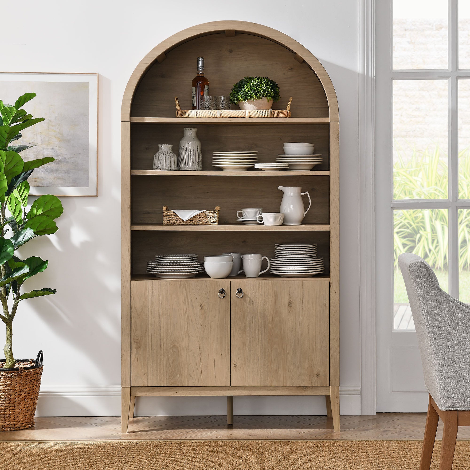 Nolan 74" Tall Wide Arched Storage Display Cabinet Bookshelf, Light Oak