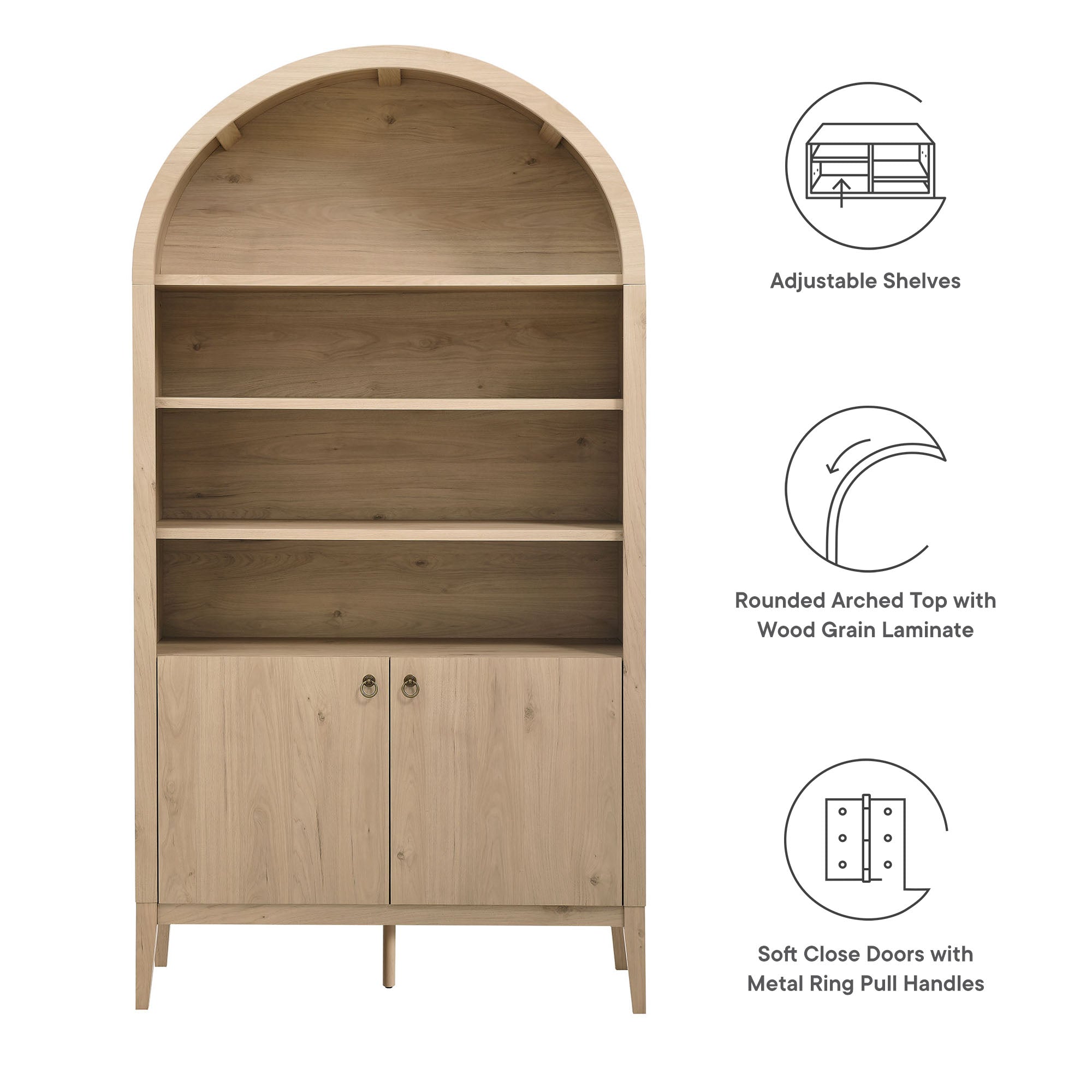 Nolan 74" Tall Wide Arched Storage Display Cabinet Bookshelf, Light Oak
