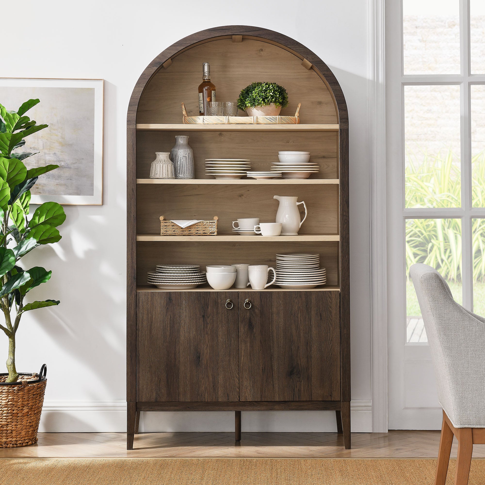 Nolan 74" Tall Wide Arched Storage Display Cabinet Bookshelf, Dark Walnut