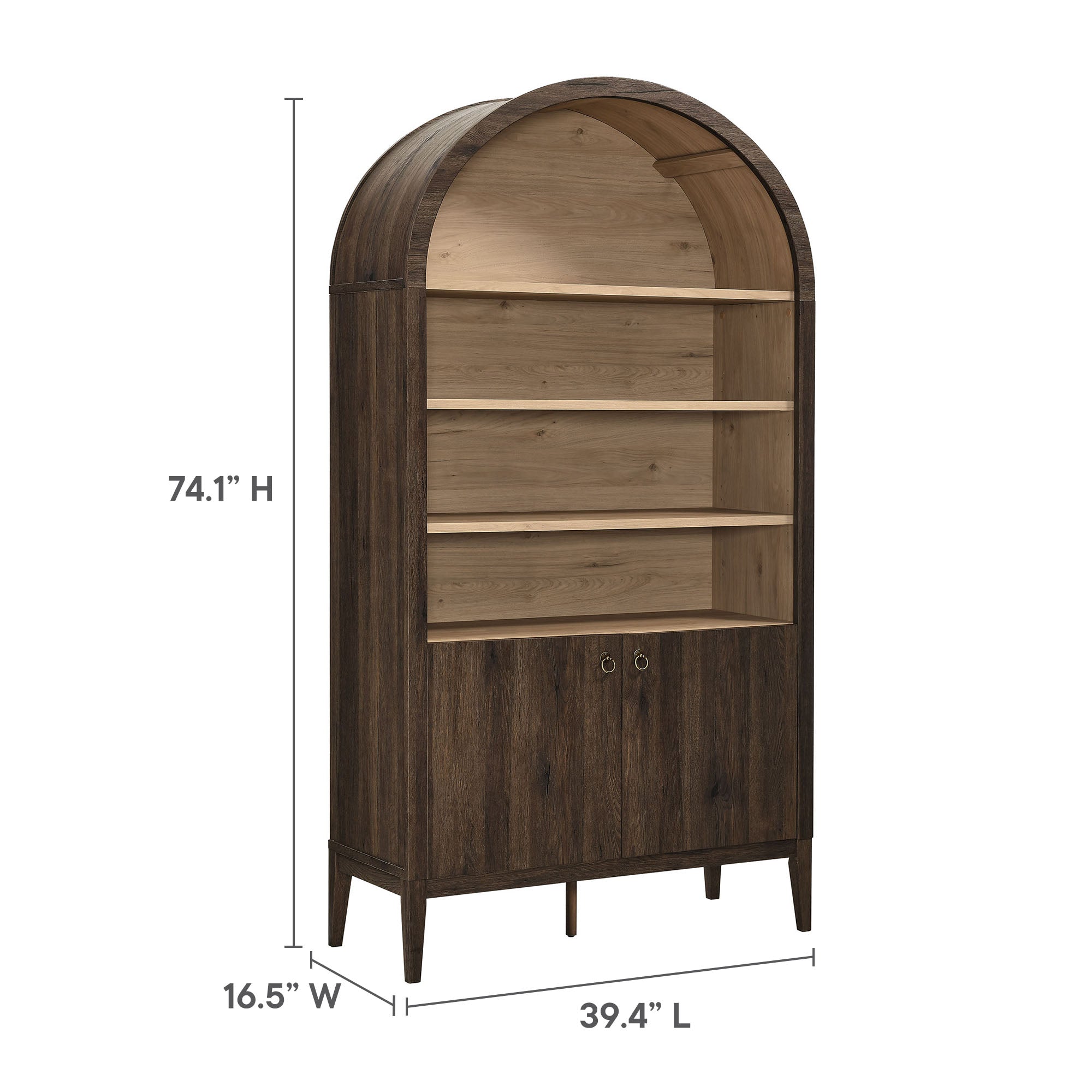 Nolan 74" Tall Wide Arched Storage Display Cabinet Bookshelf, Dark Walnut