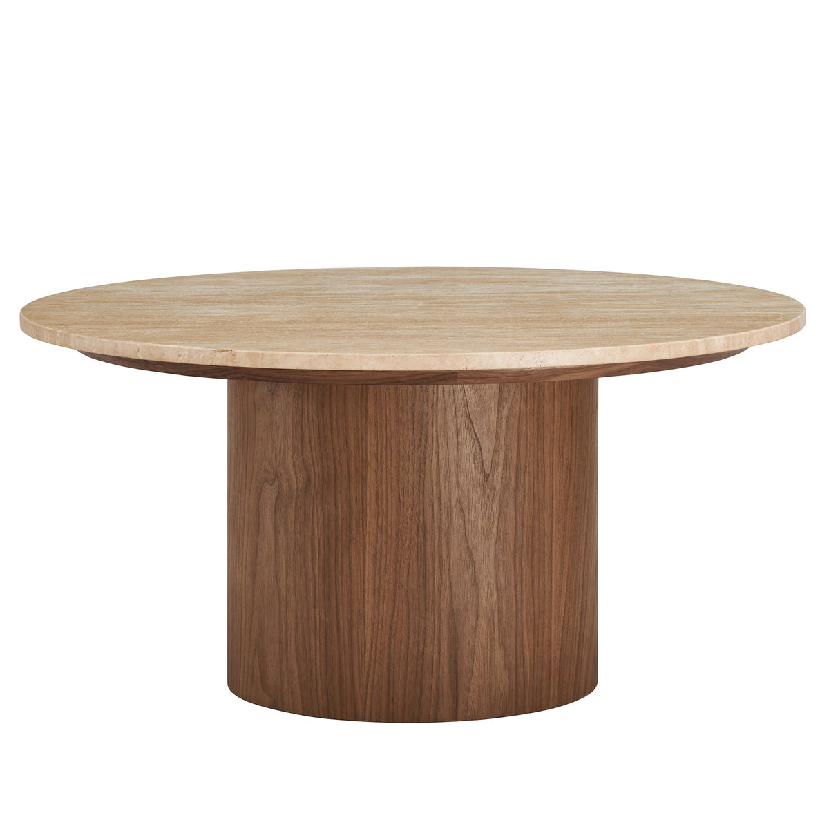 Kioni Round Travertine Coffee Table, Walnut