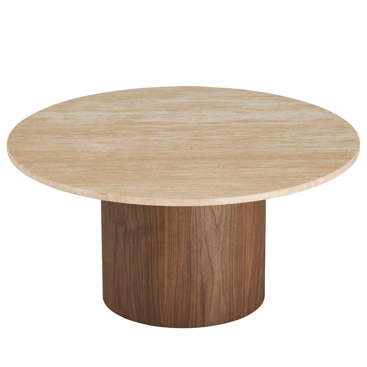 Kioni Round Travertine Coffee Table, Walnut