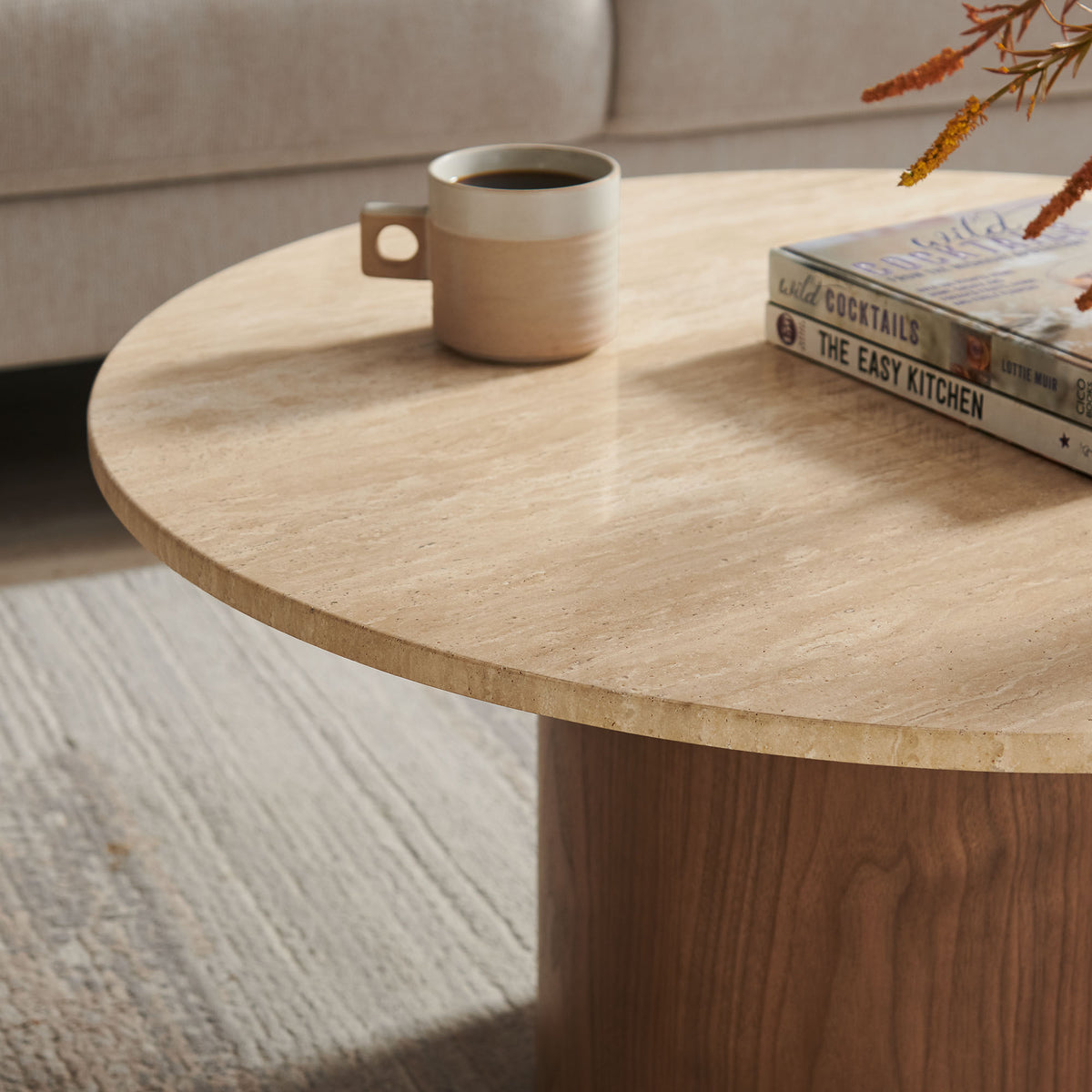 Kioni Round Travertine Coffee Table, Walnut
