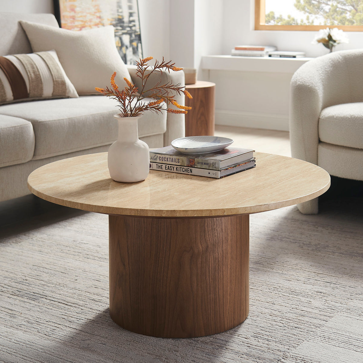 Kioni Round Travertine Coffee Table, Walnut