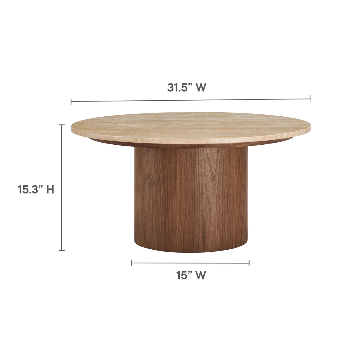 Kioni Round Travertine Coffee Table, Walnut