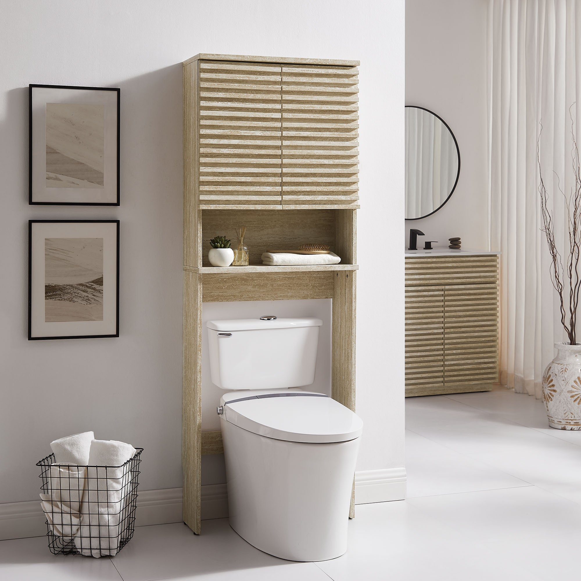 Render Over the Toilet Faux Travertine Bathroom Storage Cabinet, Travertine