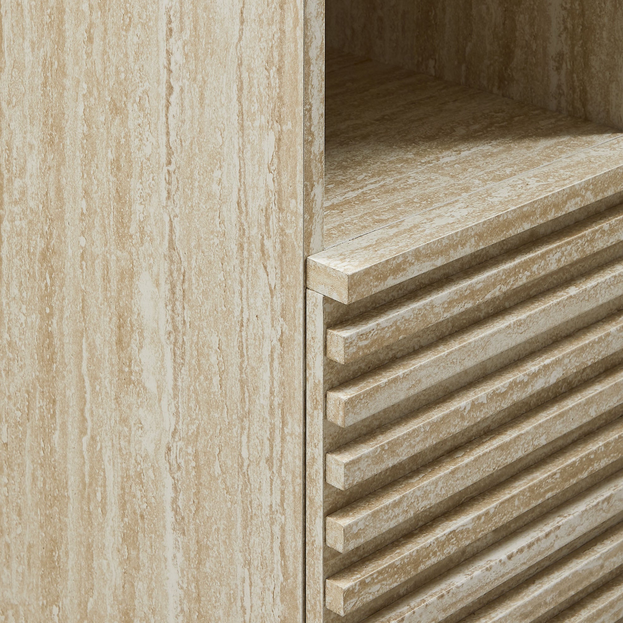Render Tall Narrow Faux Travertine Linen Storage Cabinet, Travertine