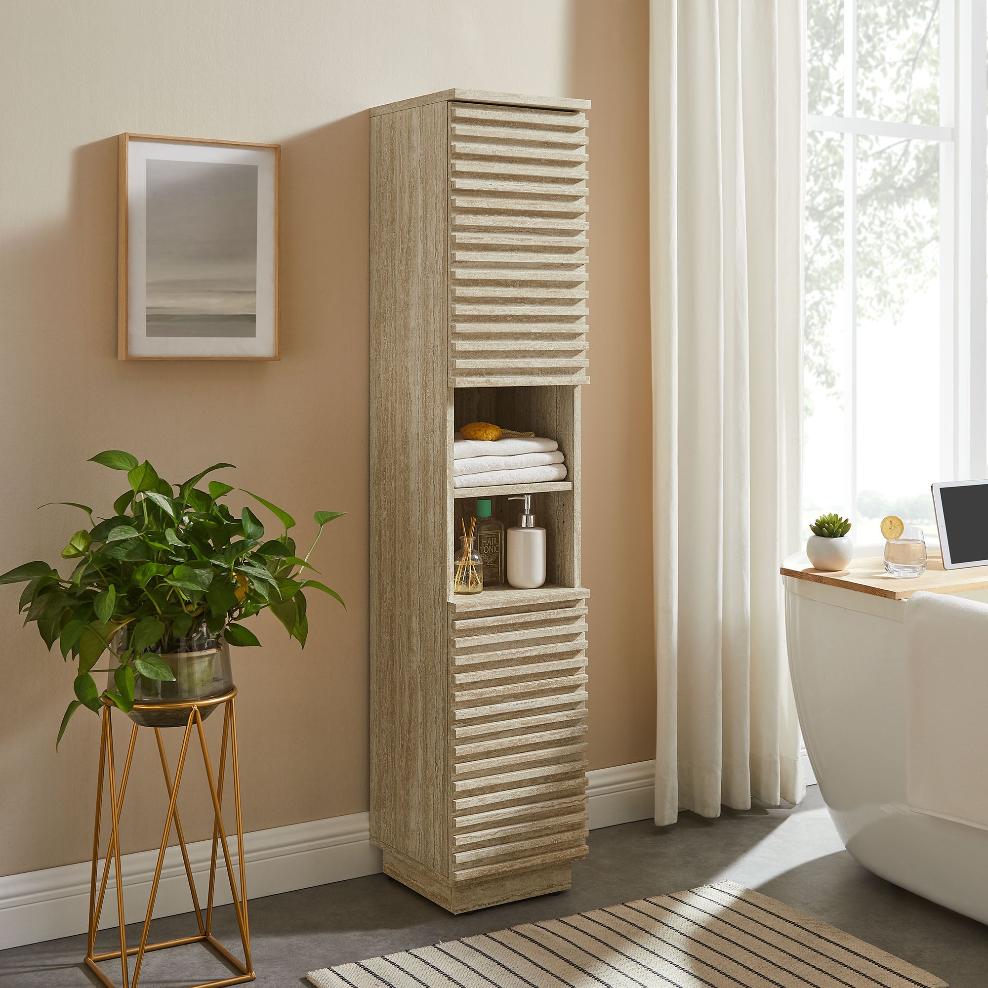 Render Tall Narrow Faux Travertine Linen Storage Cabinet, Travertine
