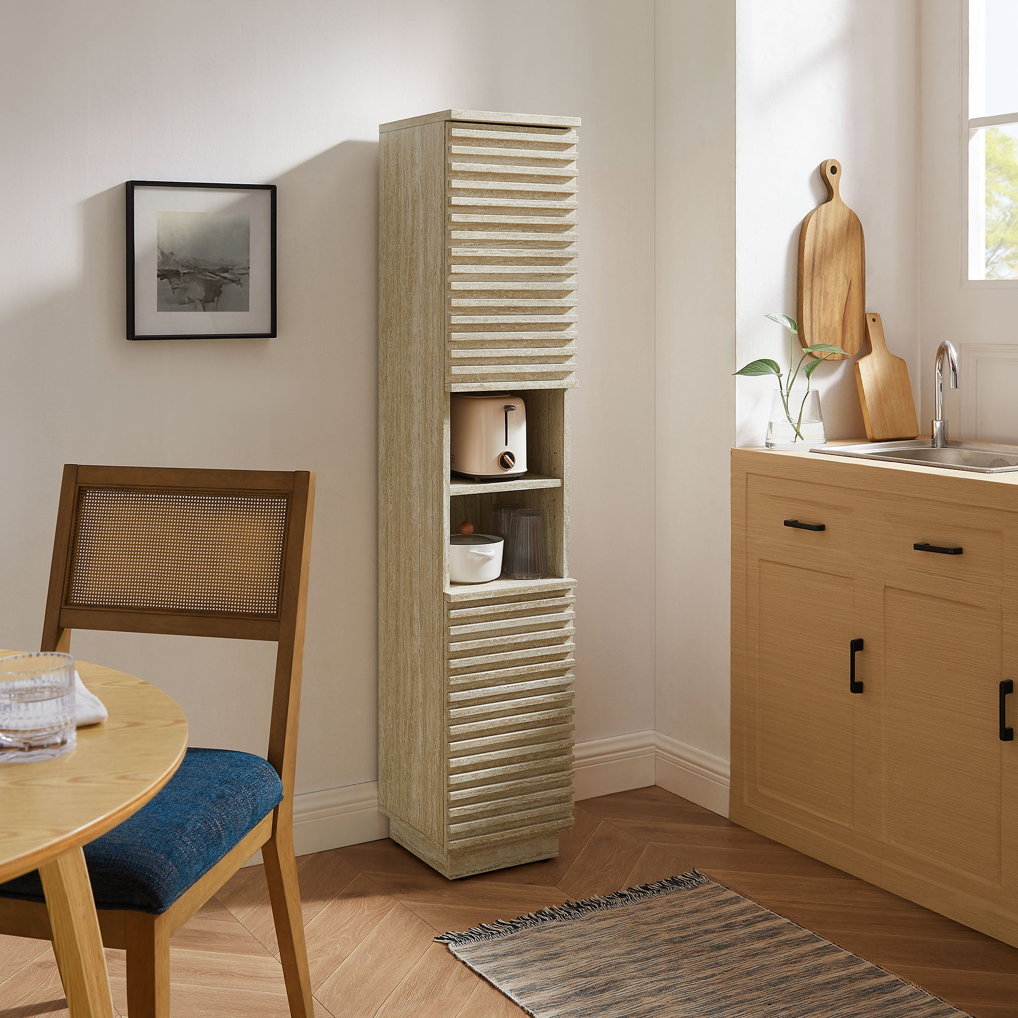 Render Tall Narrow Faux Travertine Linen Storage Cabinet, Travertine