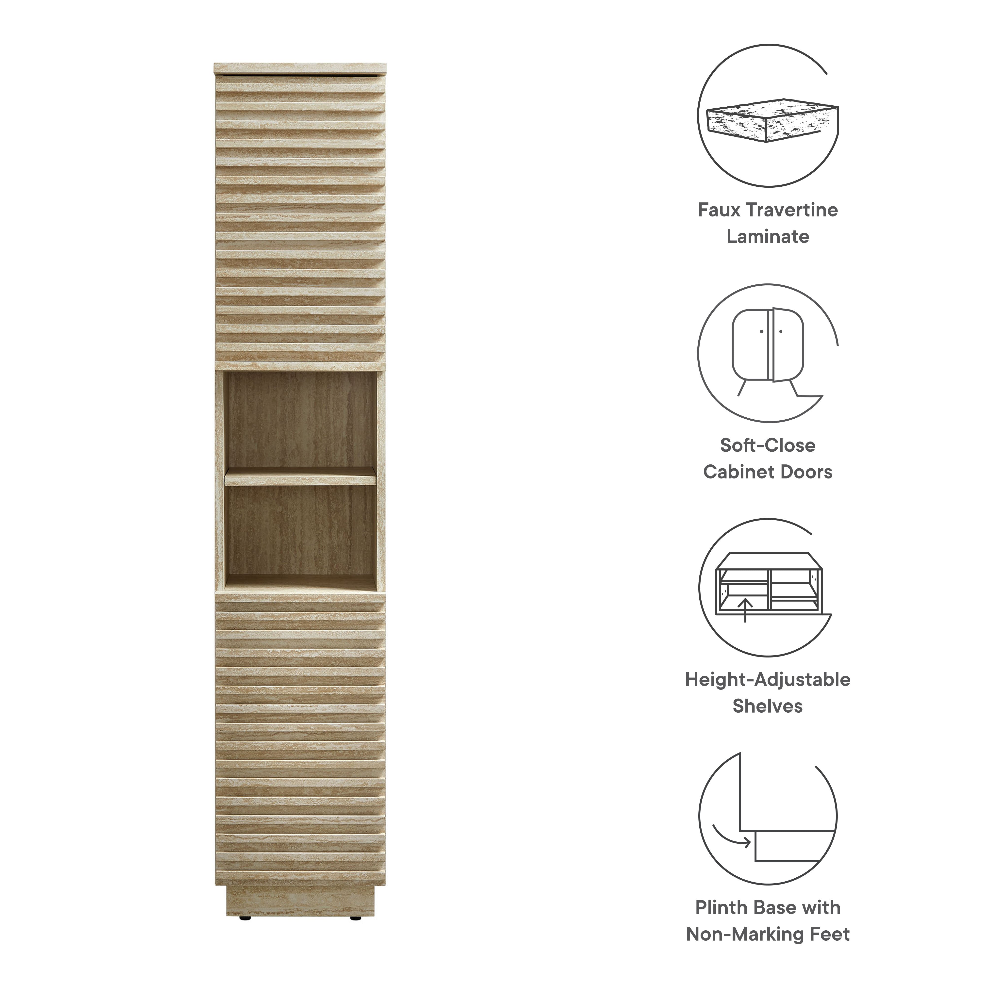 Render Tall Narrow Faux Travertine Linen Storage Cabinet, Travertine