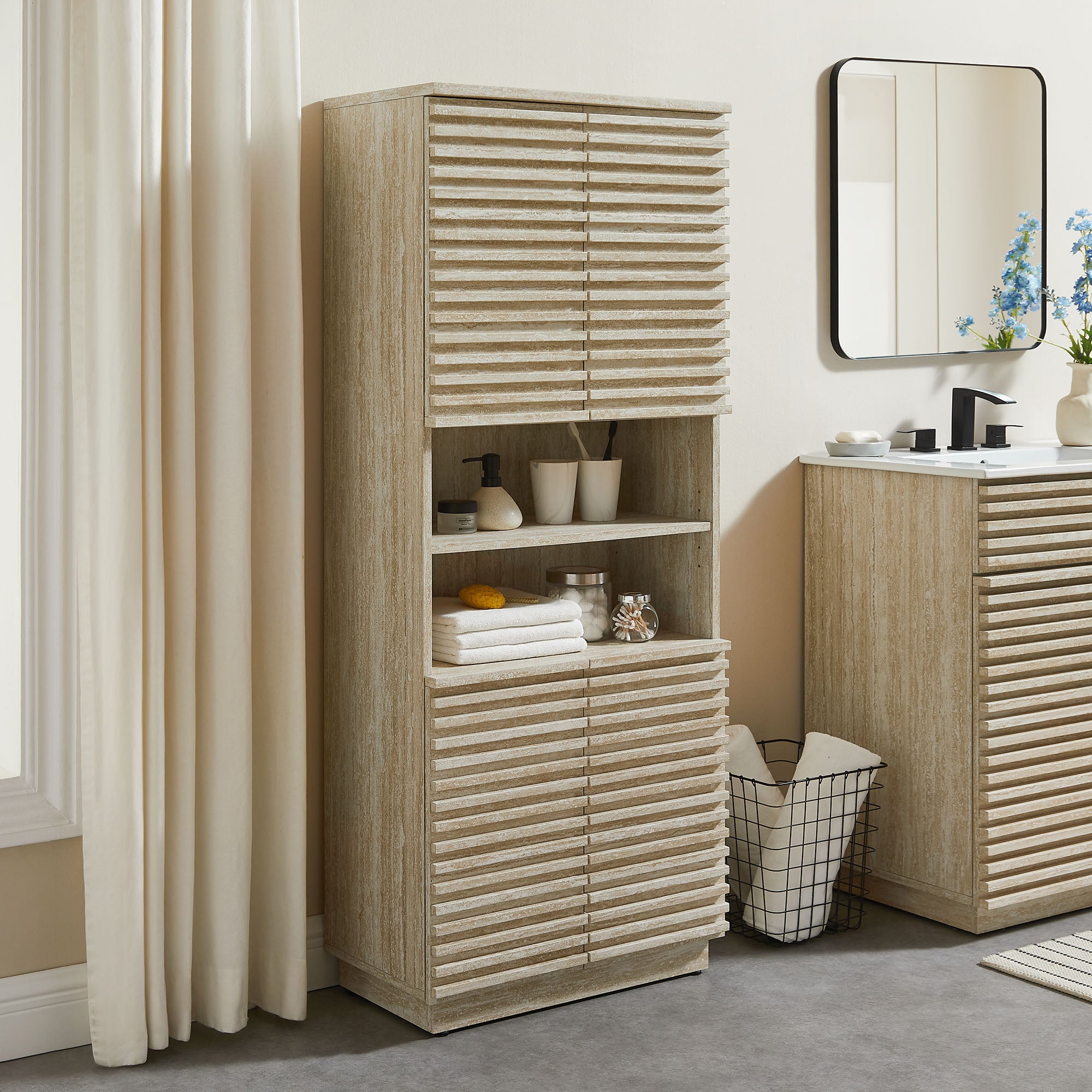 Render Tall Faux Travertine Linen Storage Cabinet, Travertine