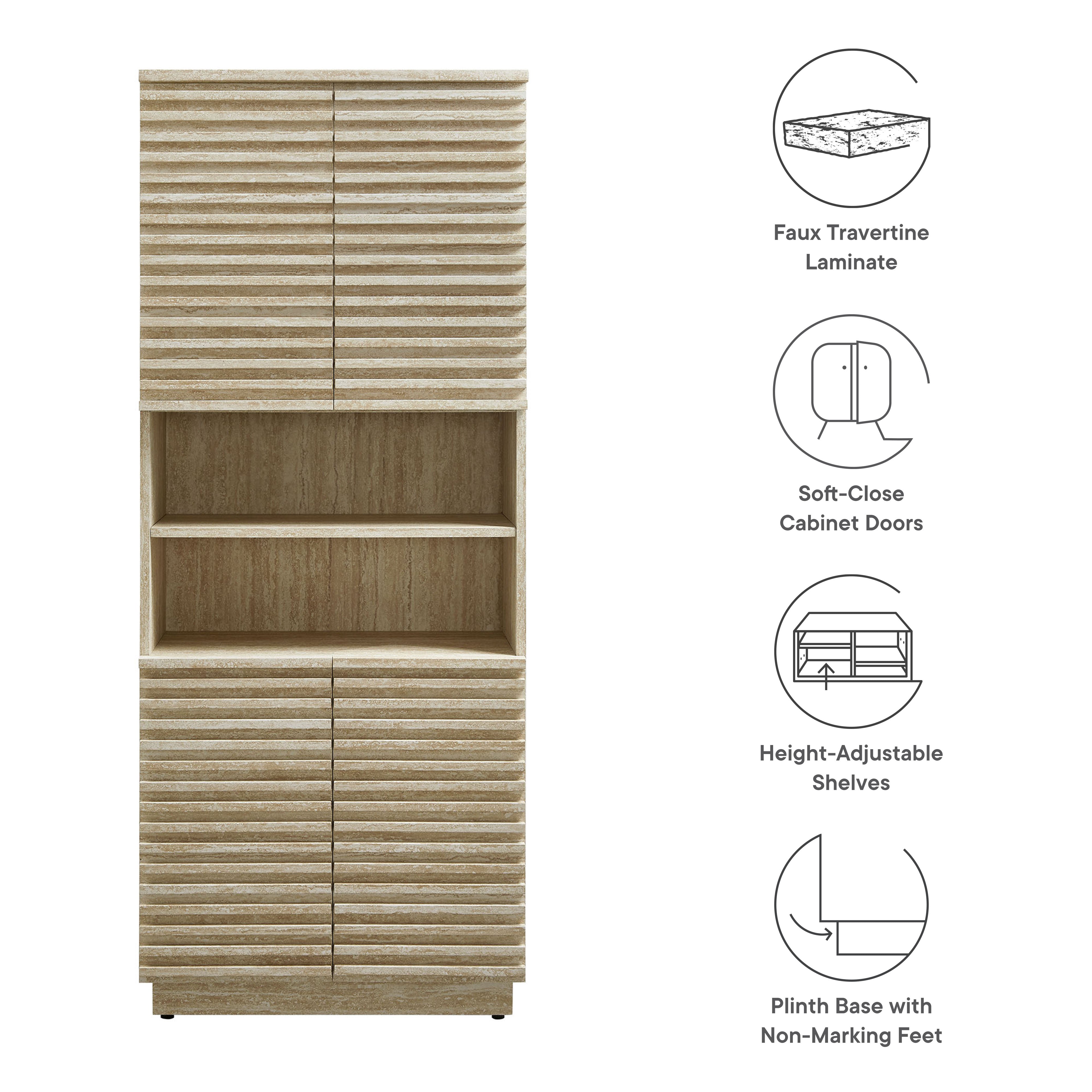Render Tall Faux Travertine Linen Storage Cabinet, Travertine