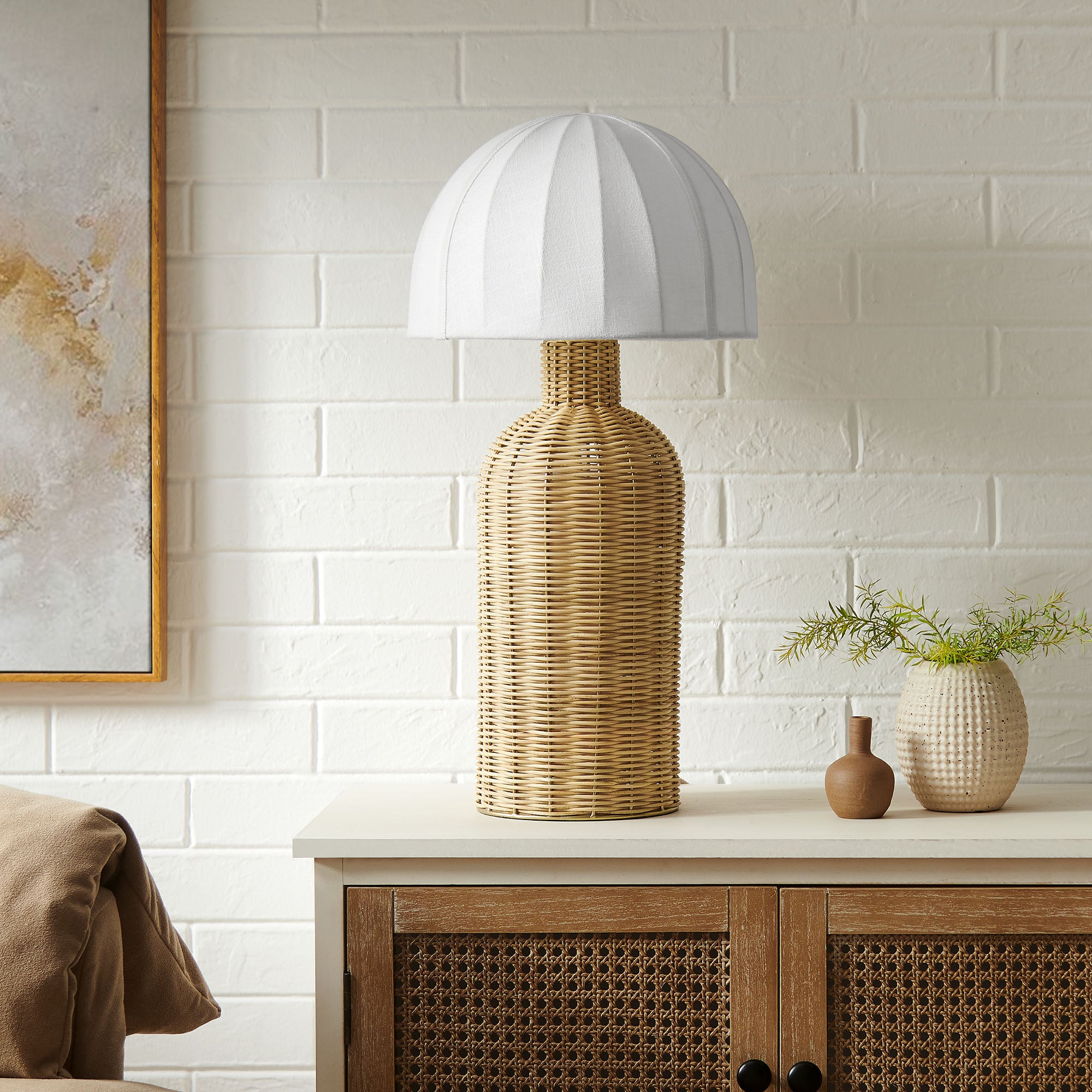 Santo Rattan Table Lamp With Dome Shade, White Natural