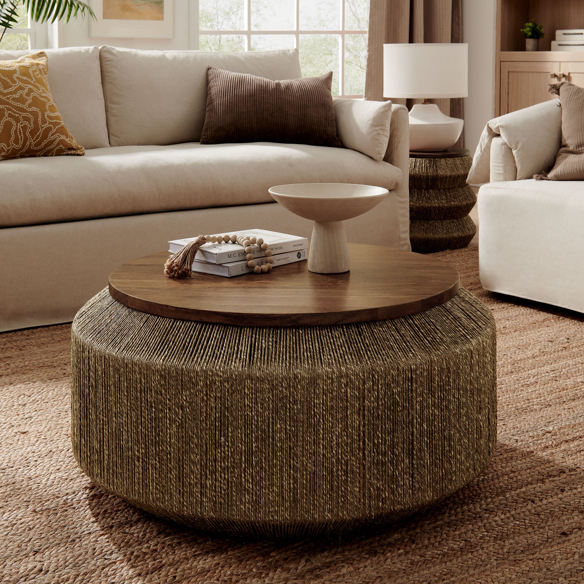 Maris Seagrass and Wood Coffee Table, Walnut Natural