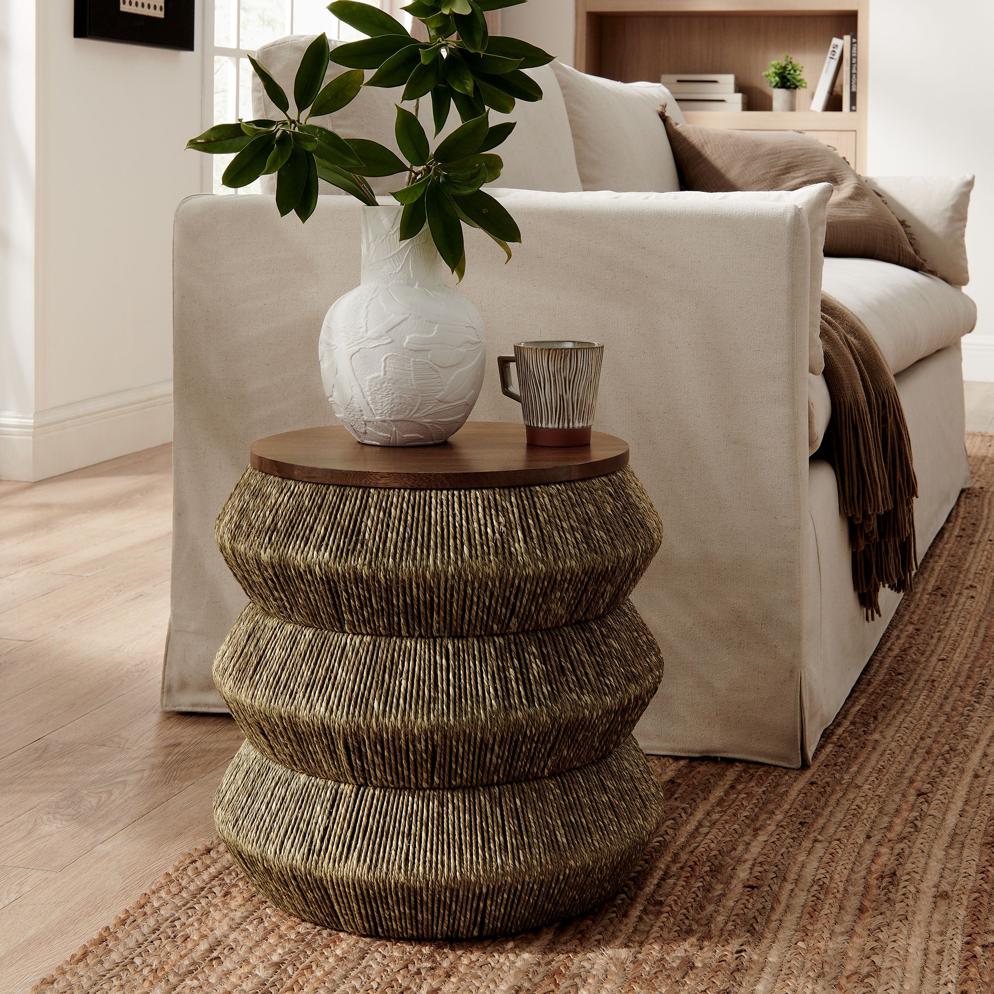 Maris Seagrass and Wood End Table, Walnut Natural