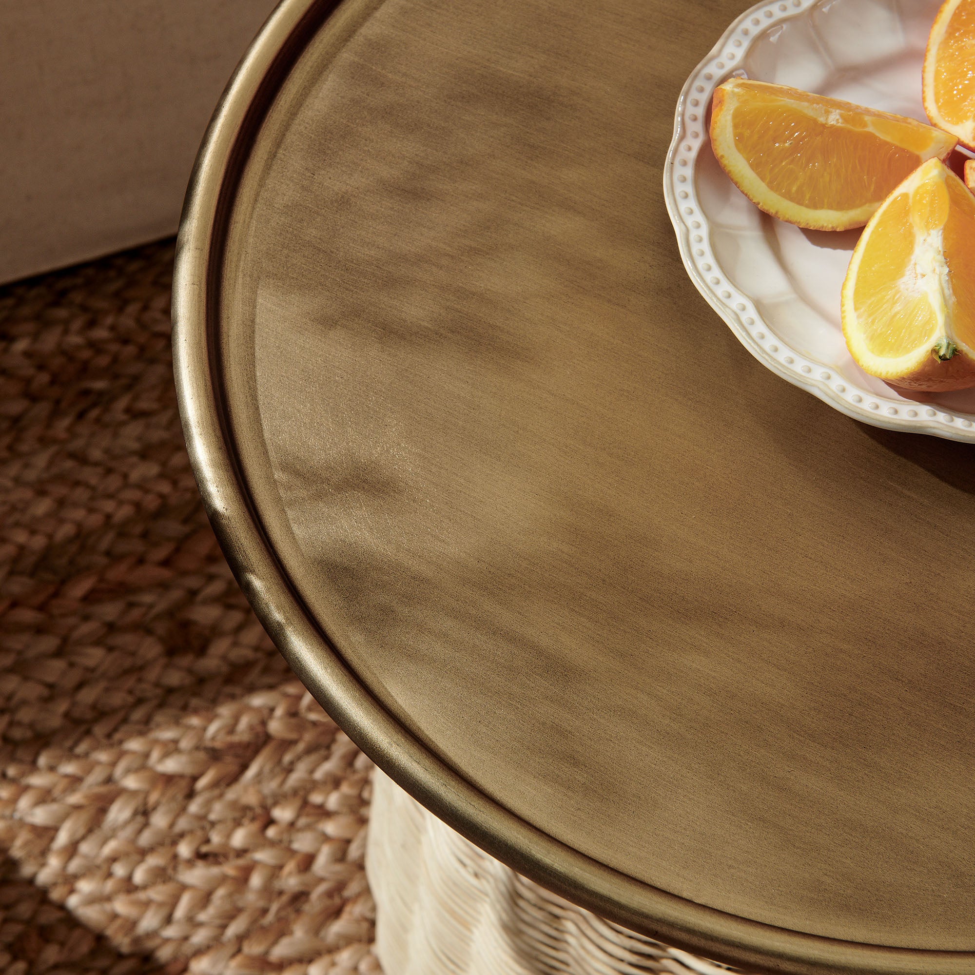 Lazaro Round Rattan Side Table, Burnished Brass Natural