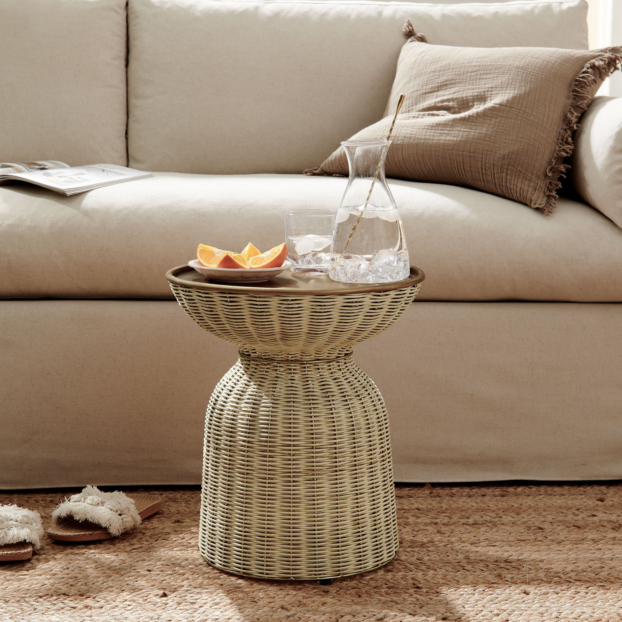Lazaro Round Rattan Side Table, Burnished Brass Natural