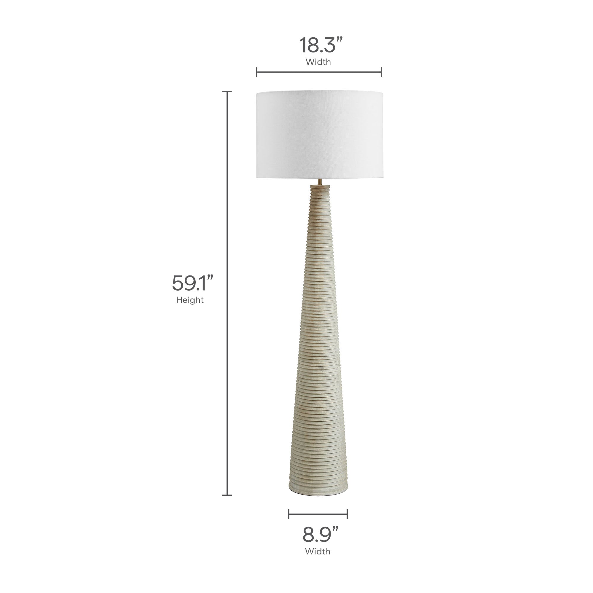 Saylor Carved Ribbed Wood Floor Lamp With Drum Shade, White Gray