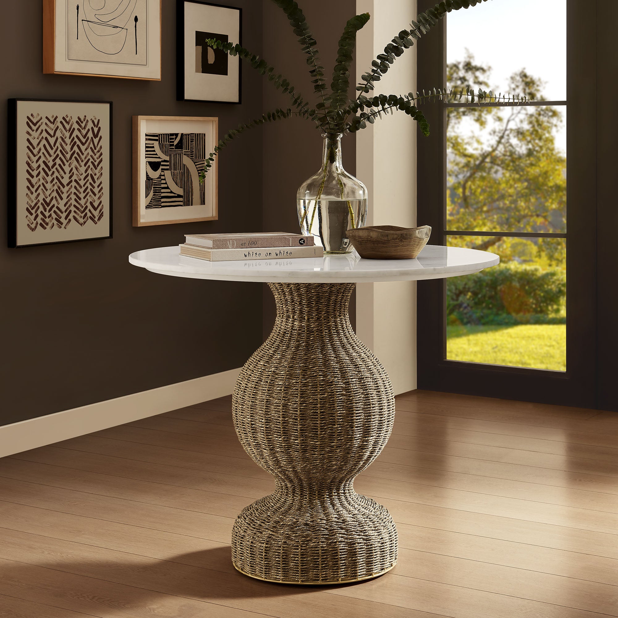 Zale 36" Marble and Seagrass Dining Table, White Natural