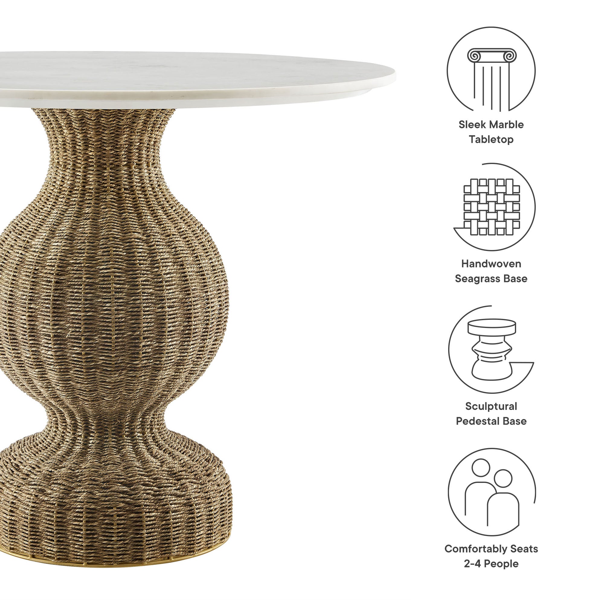 Zale 36" Marble and Seagrass Dining Table, White Natural