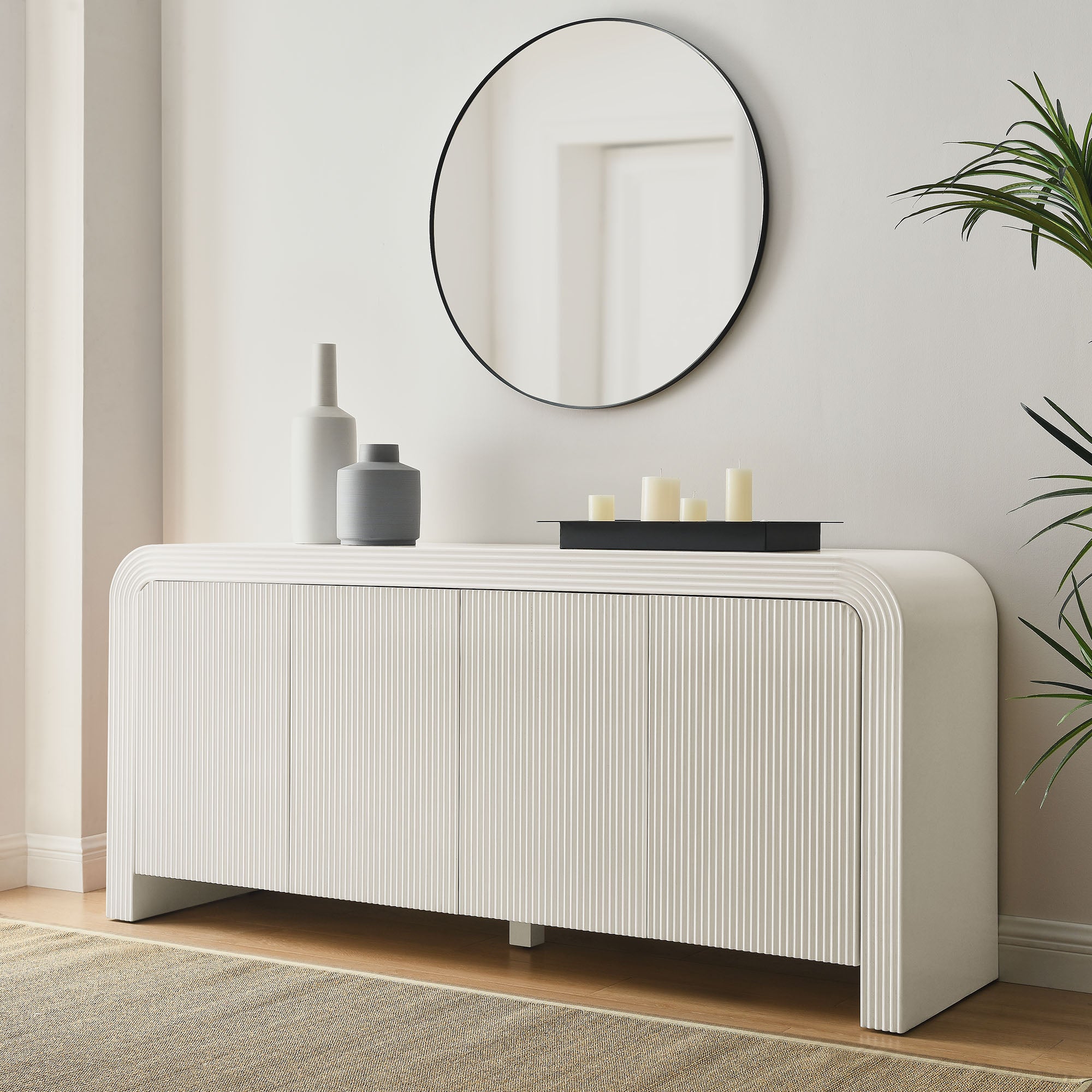 Waterflute 70" Fluted Sideboard Cabinet, White Matte