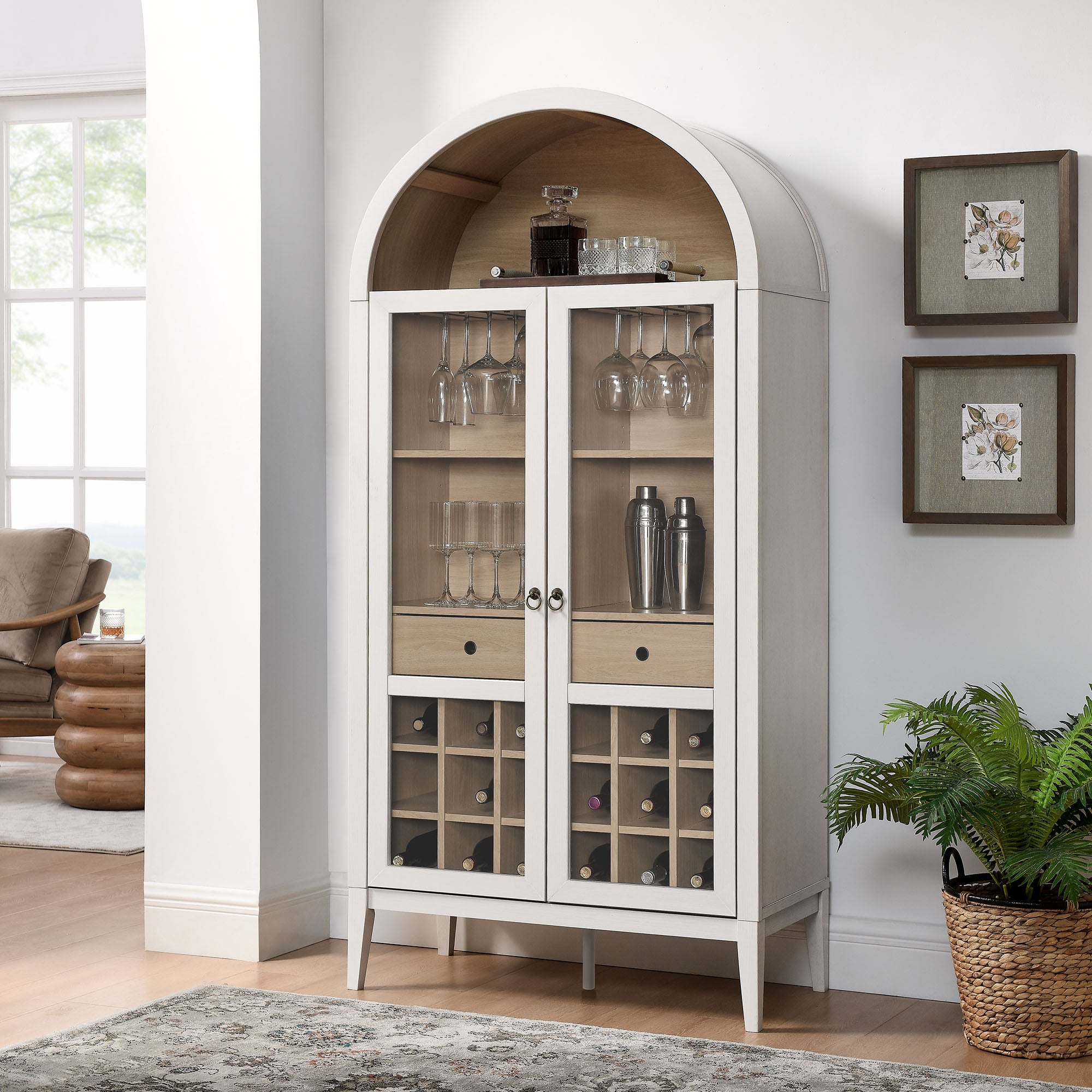 Nolan Arched Bar Cabinet, Ivory Oak