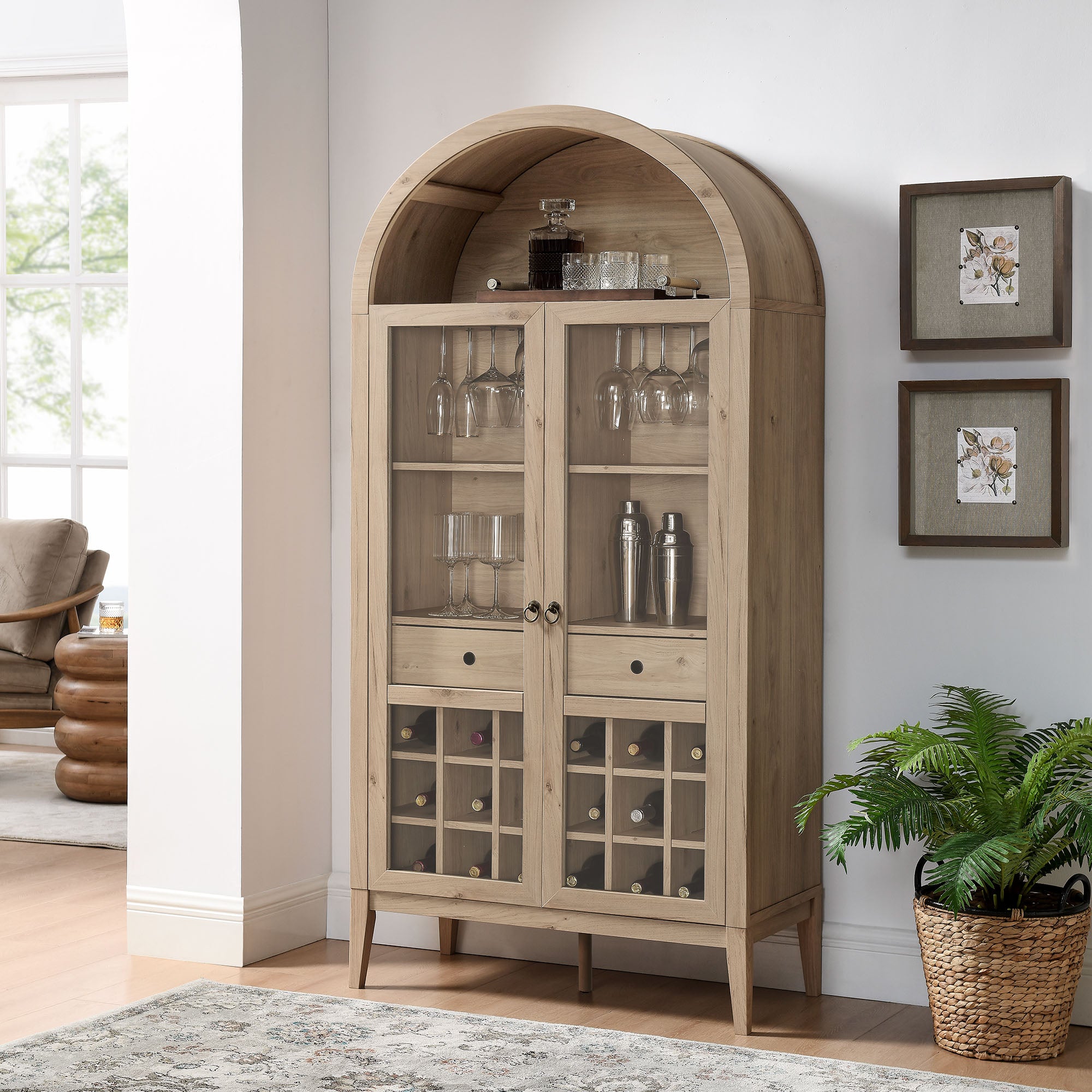Nolan Arched Bar Cabinet, Light Oak