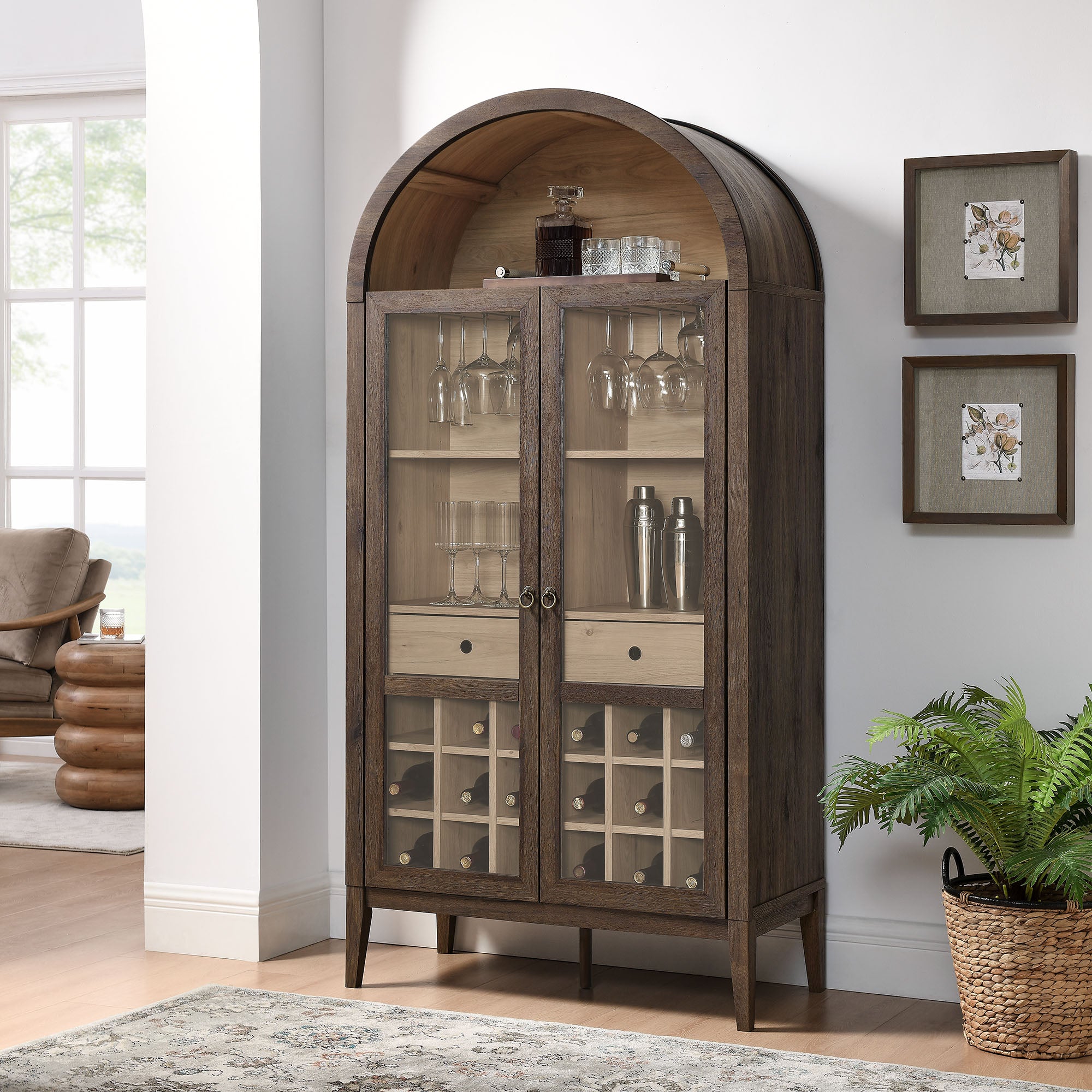 Nolan Arched Bar Cabinet, Walnut Light Oak