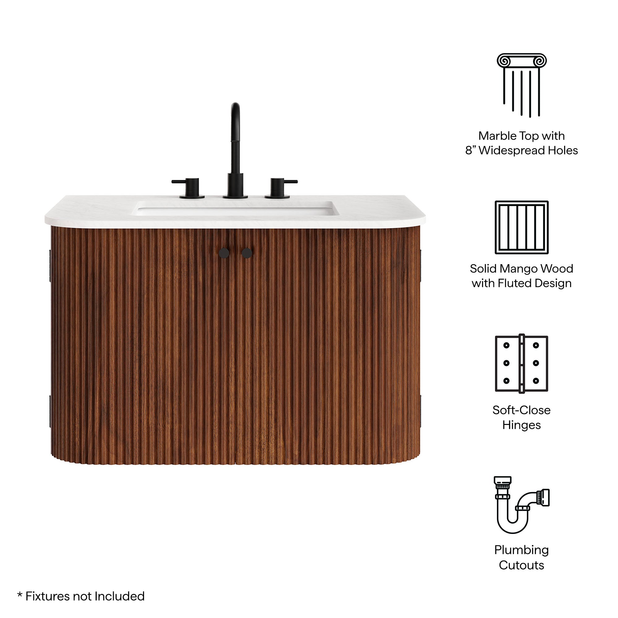 Zia 30" Wall-Mount Bathroom Vanity with Marble Sink, Walnut